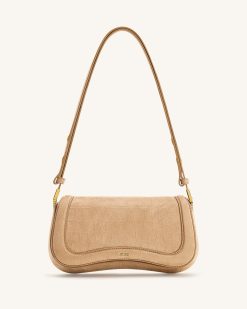 Joy Croc-Embossed Faux Suede Shoulder Bag - Beige
