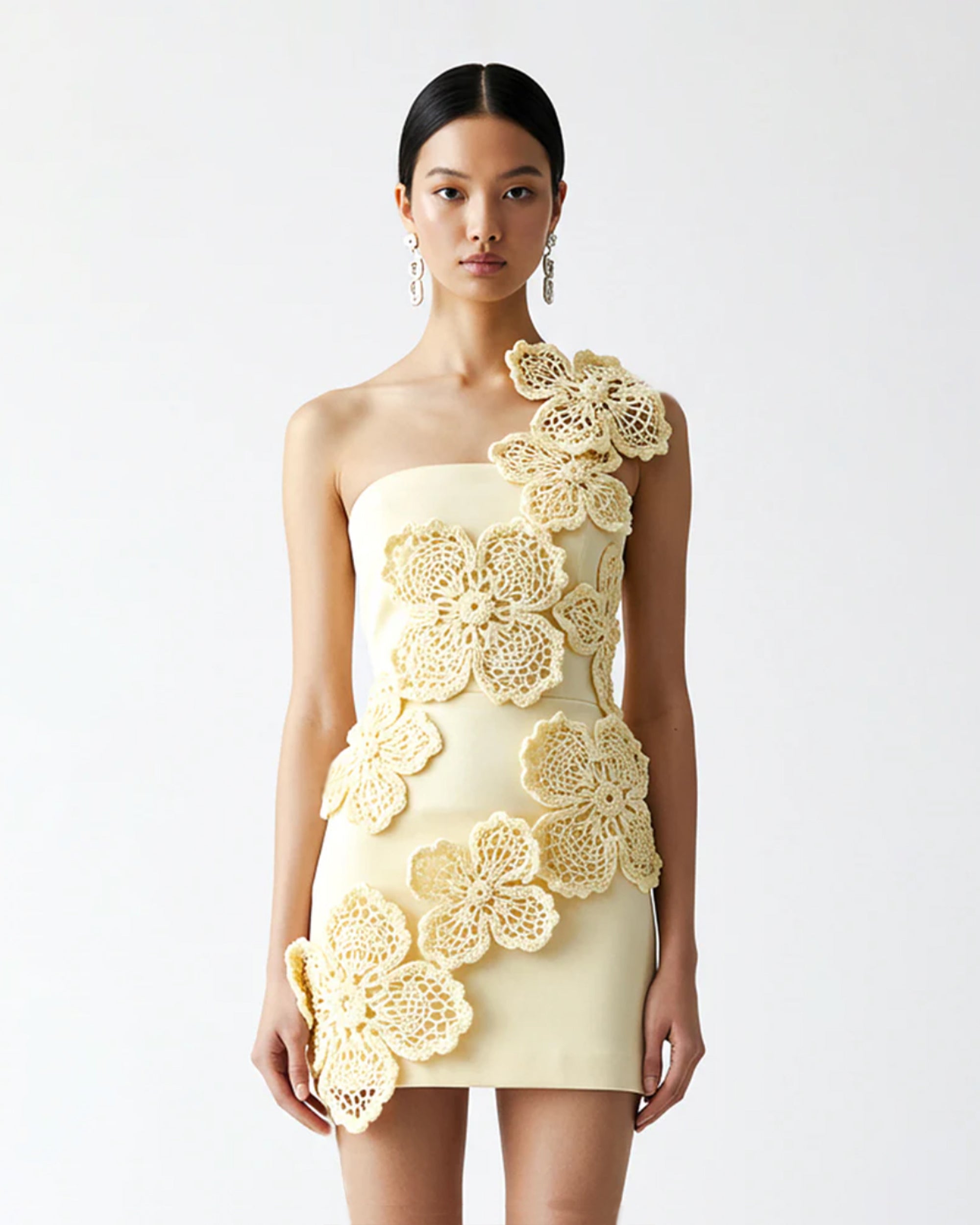 Crochet Floral Appliqué Mini Dress - Yellow - Image 2