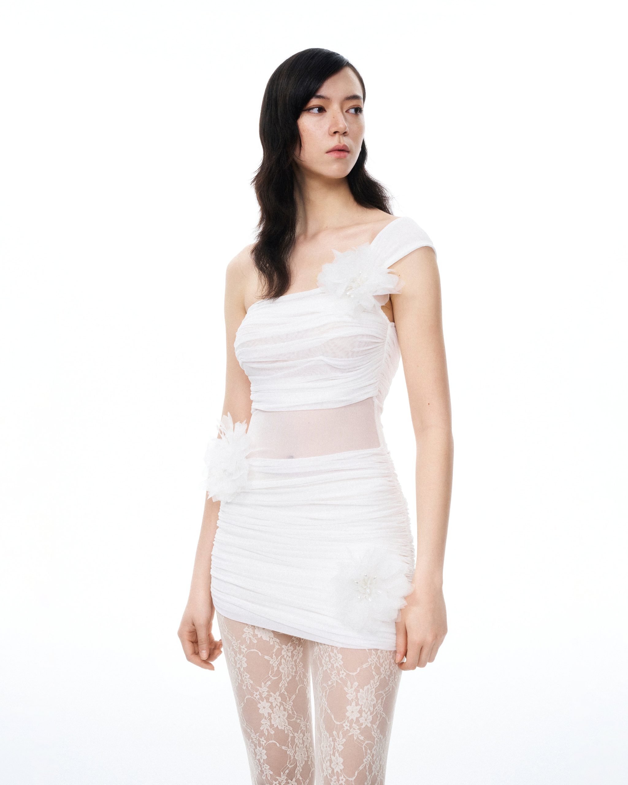 Isidore 3D Floral Wrinkles Mini Dress - White - Image 4