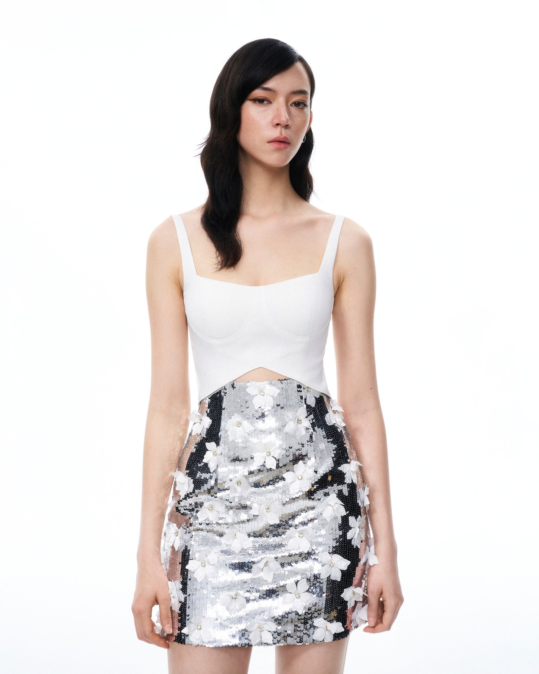 Arabella 3D Floral Sequin Embroidered Mini Dress - White - Image 4