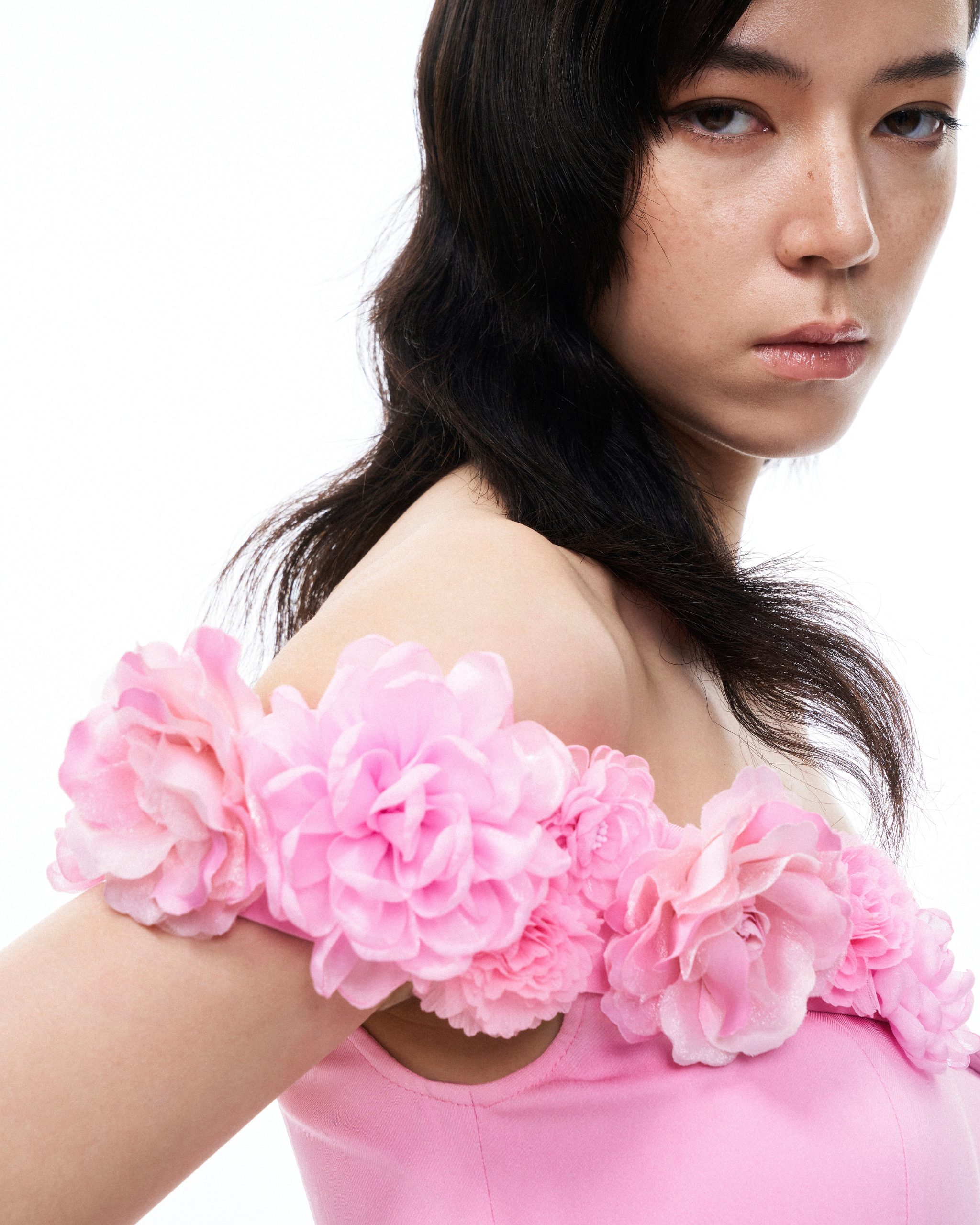 Aurelius Wrap-Around Shoulder 3D Floral Mini Dress - Pink - Image 6