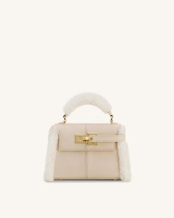 Elise Faux Suede Shearling Trim Top Handle Bag - Taupe