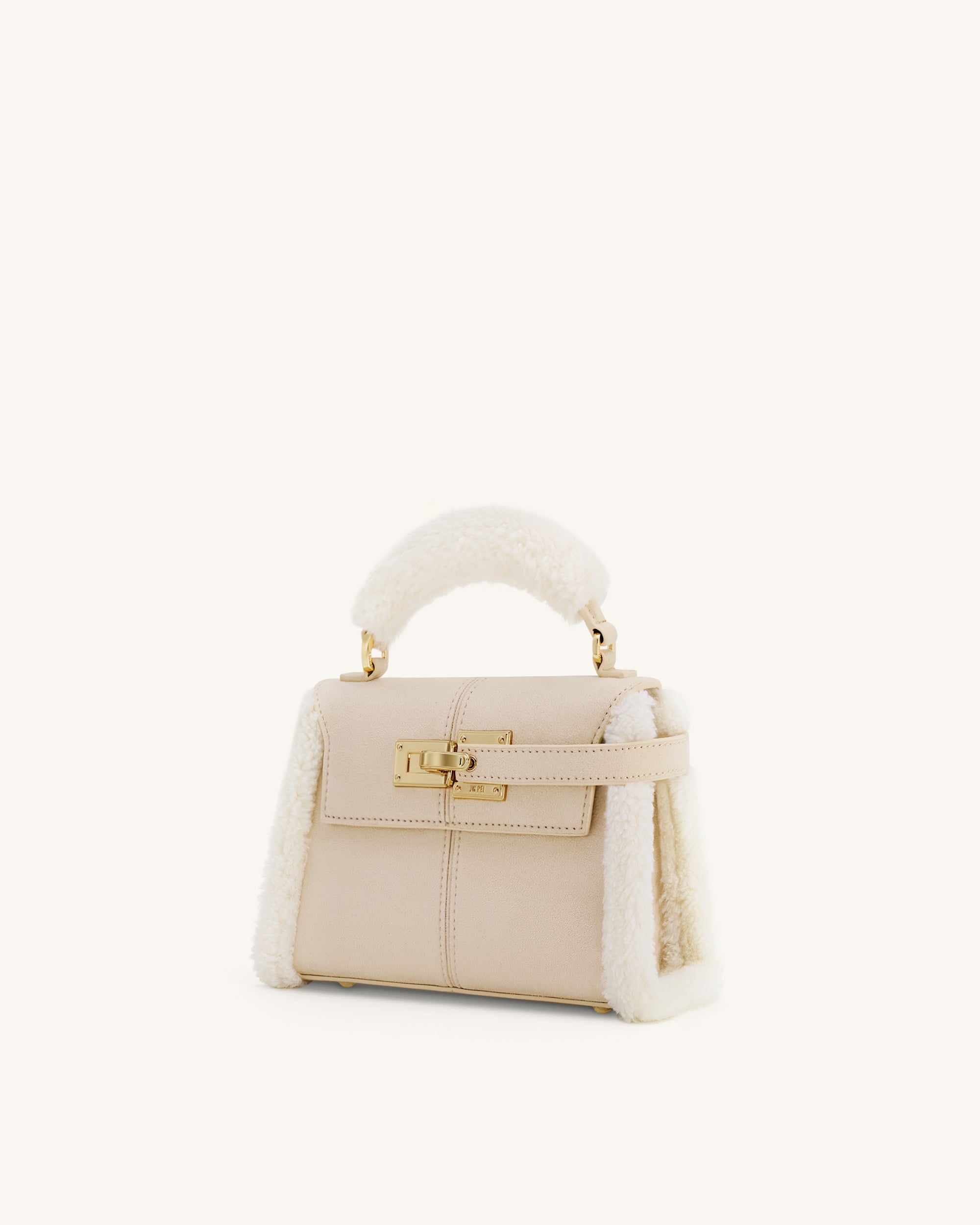 Elise Faux Suede Shearling Trim Top Handle Bag - Taupe - Image 3