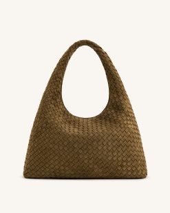 Laura Faux Suede Woven Shoulder Bag - Olive Green