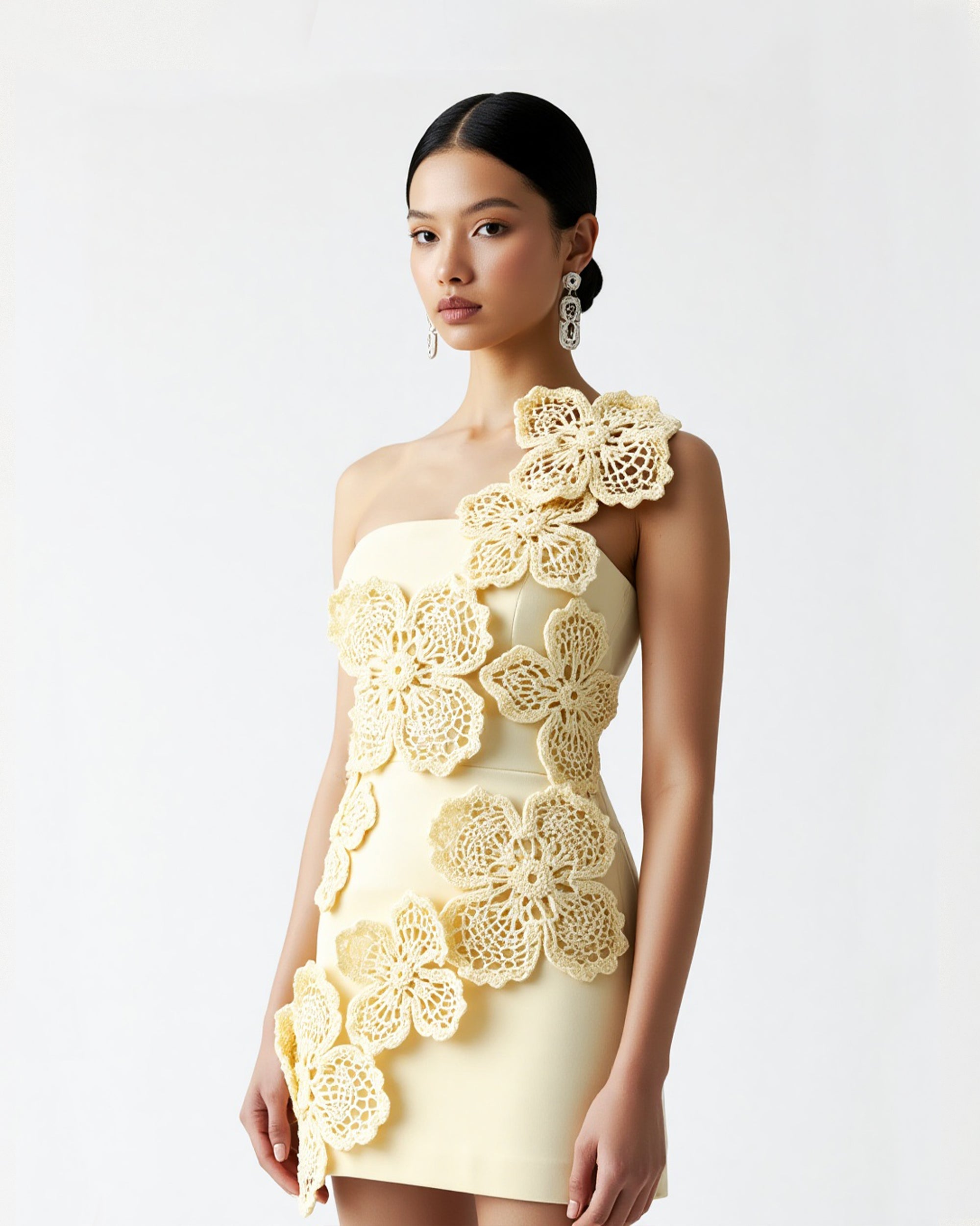 Crochet Floral Appliqué Mini Dress - Yellow - Image 3
