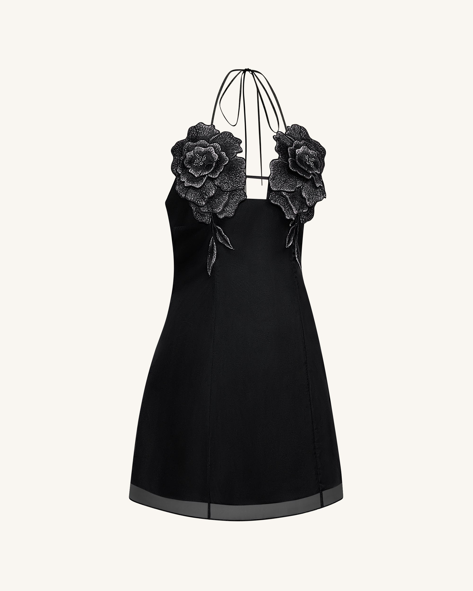 Flower Embroidered Mini Dress - Black - Image 3