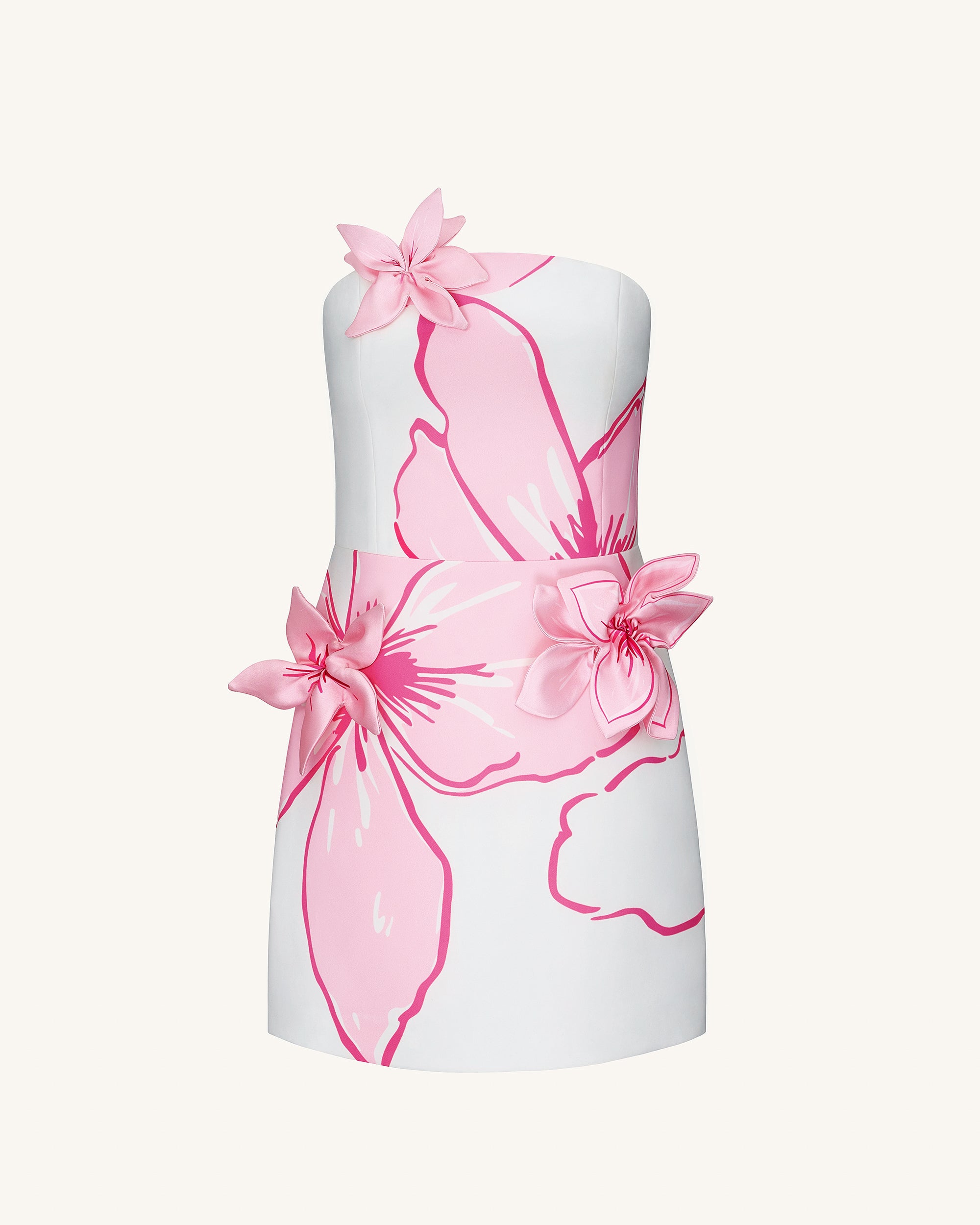 Mini Dress with Pink Floral Appliqués - White/Pink - Image 2