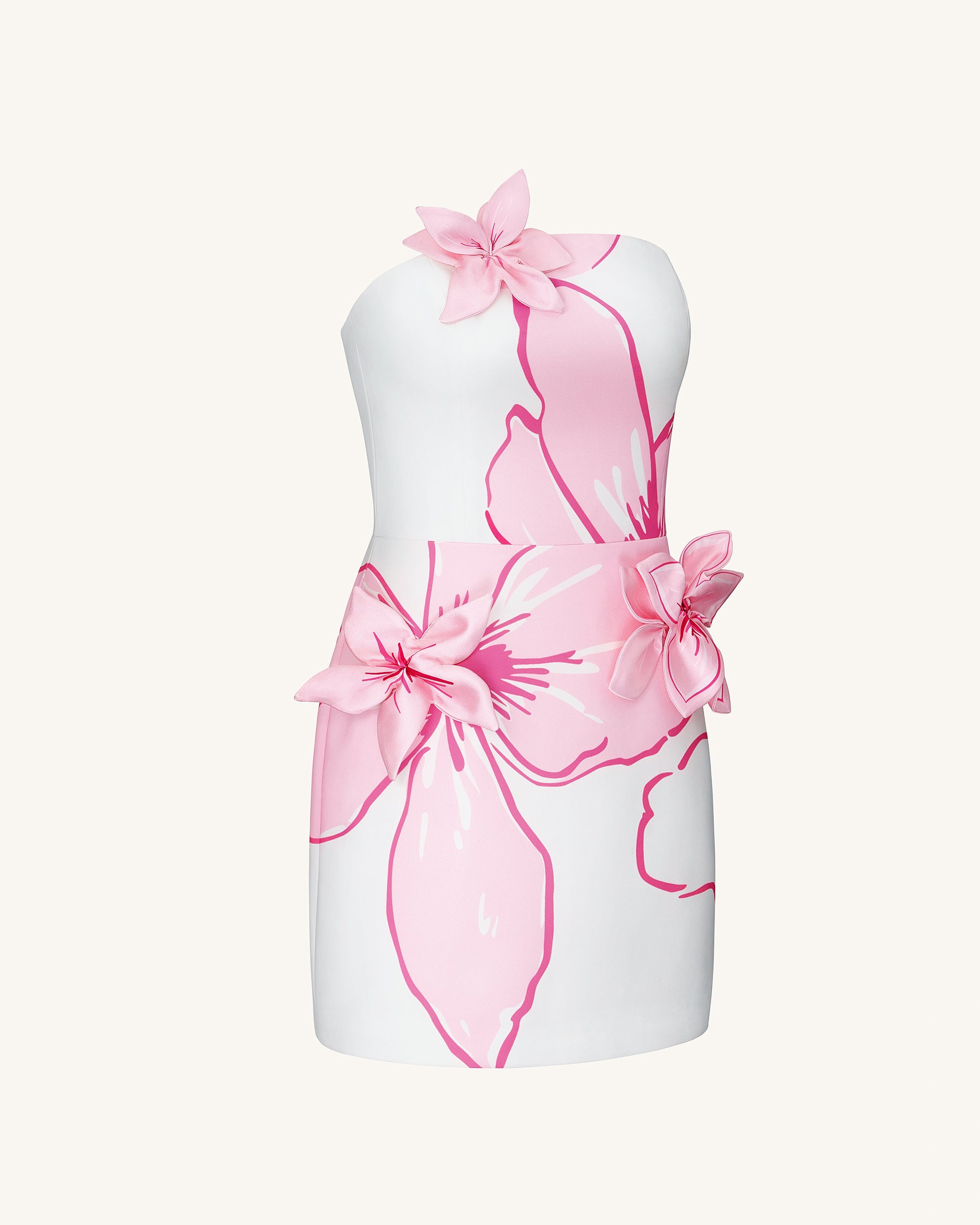 Mini Dress with Pink Floral Appliqués - White/Pink - Image 3