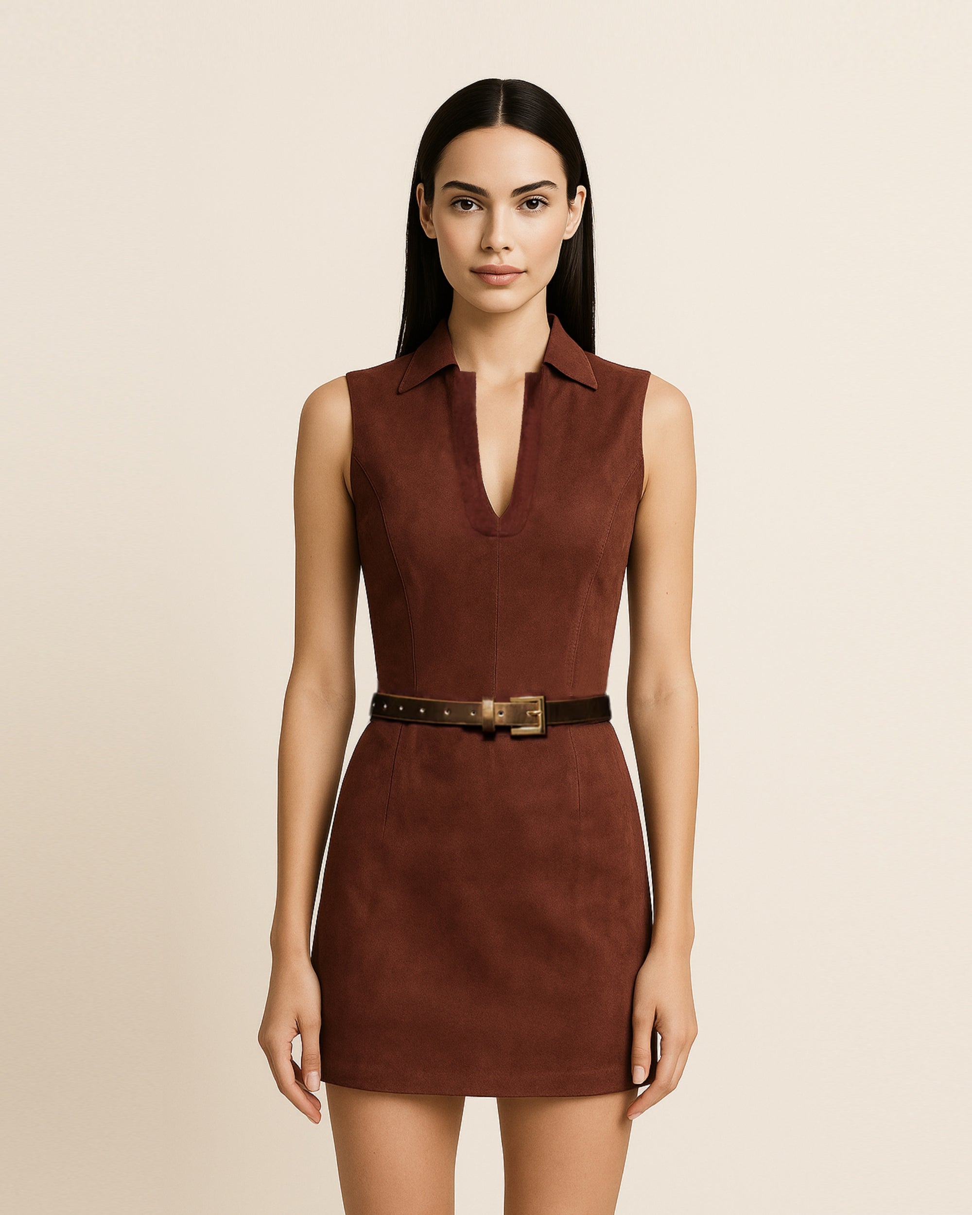 Ariana Sleeveless Suedes Mini Dress - Burgundy - Image 2
