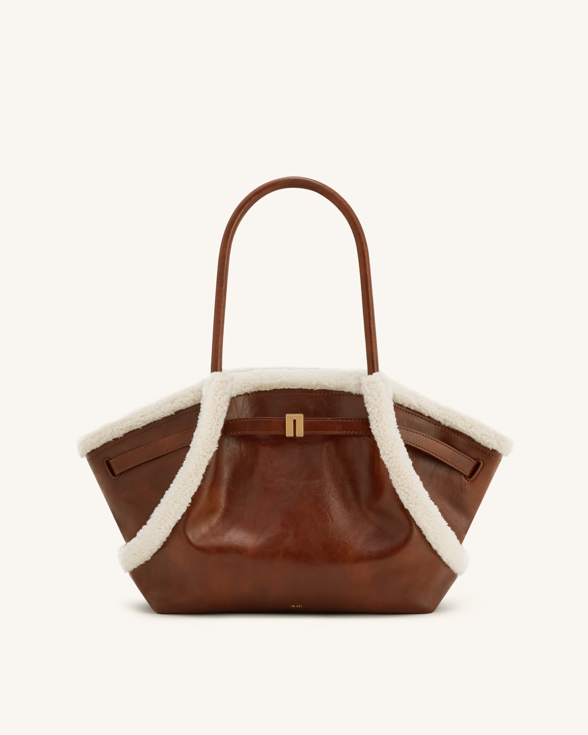 Hana Medium Faux Shearling Trim Tote Bag - Brown