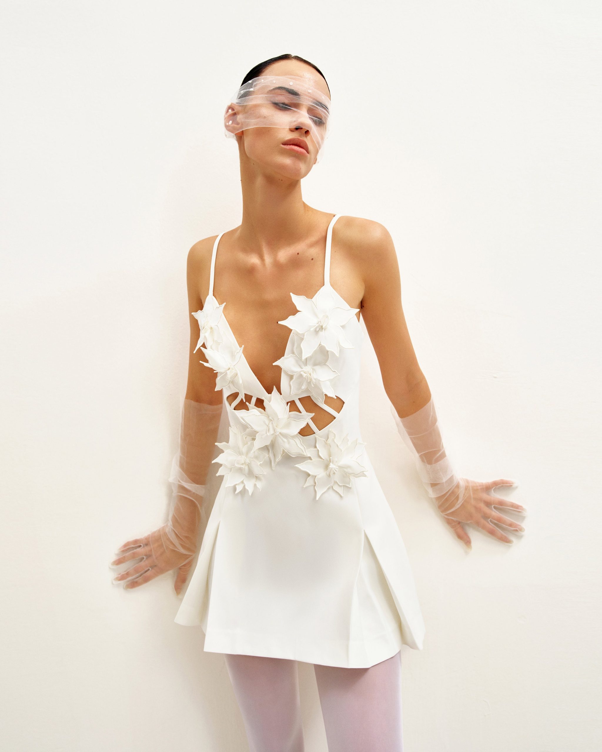 Yuliya White Floral Embellishment V-neckline Mini Dress - White - Image 2