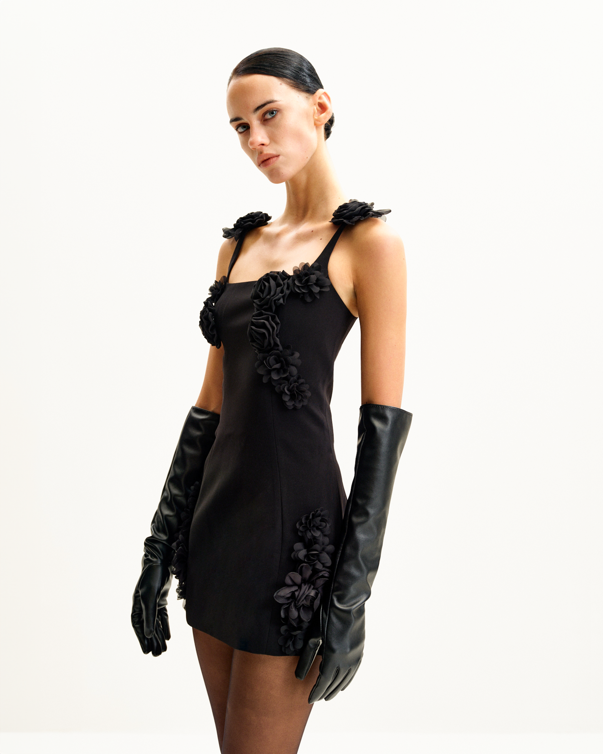 Elaina Black Rosette Applique Mini Dress - Black - Image 2