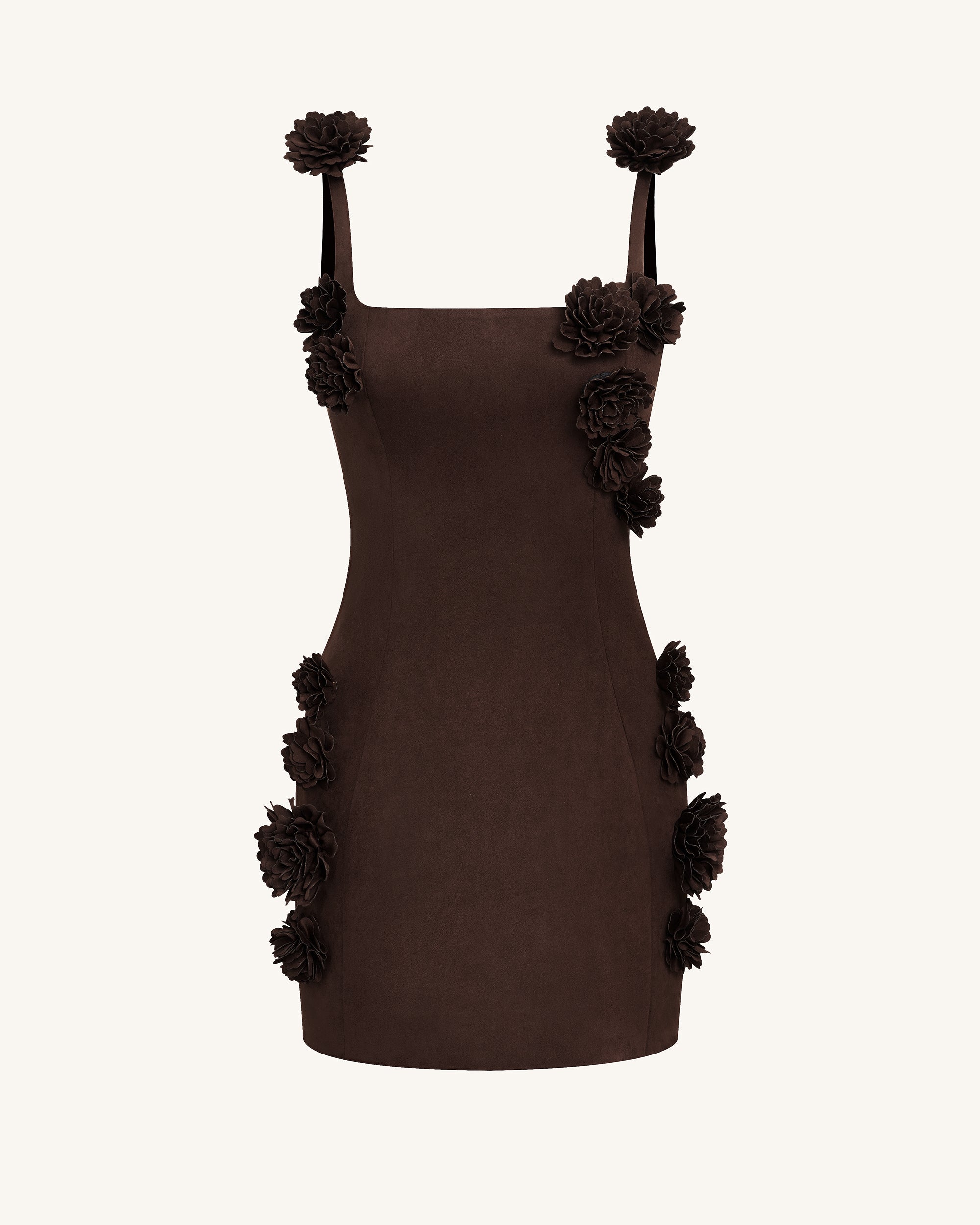 Elaina Rosette Applique Mini Dress - Chocolate Brown - Image 3