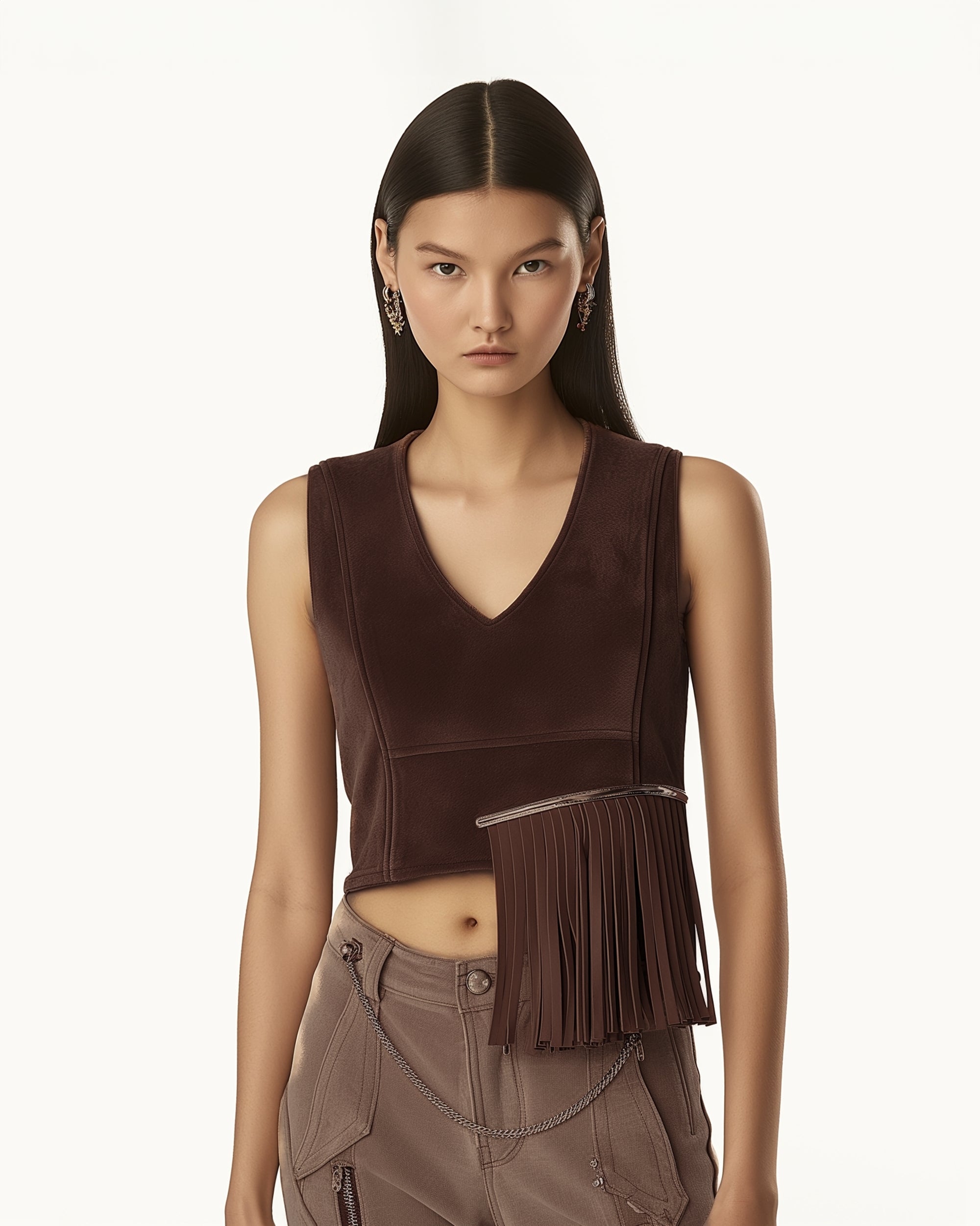 Faux Suede V-Neck Fringe Top - Chocolate Brown - Image 2