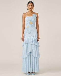 Orchid Embroidered Ruffled One-Shoulder Maxi Dress - Blue