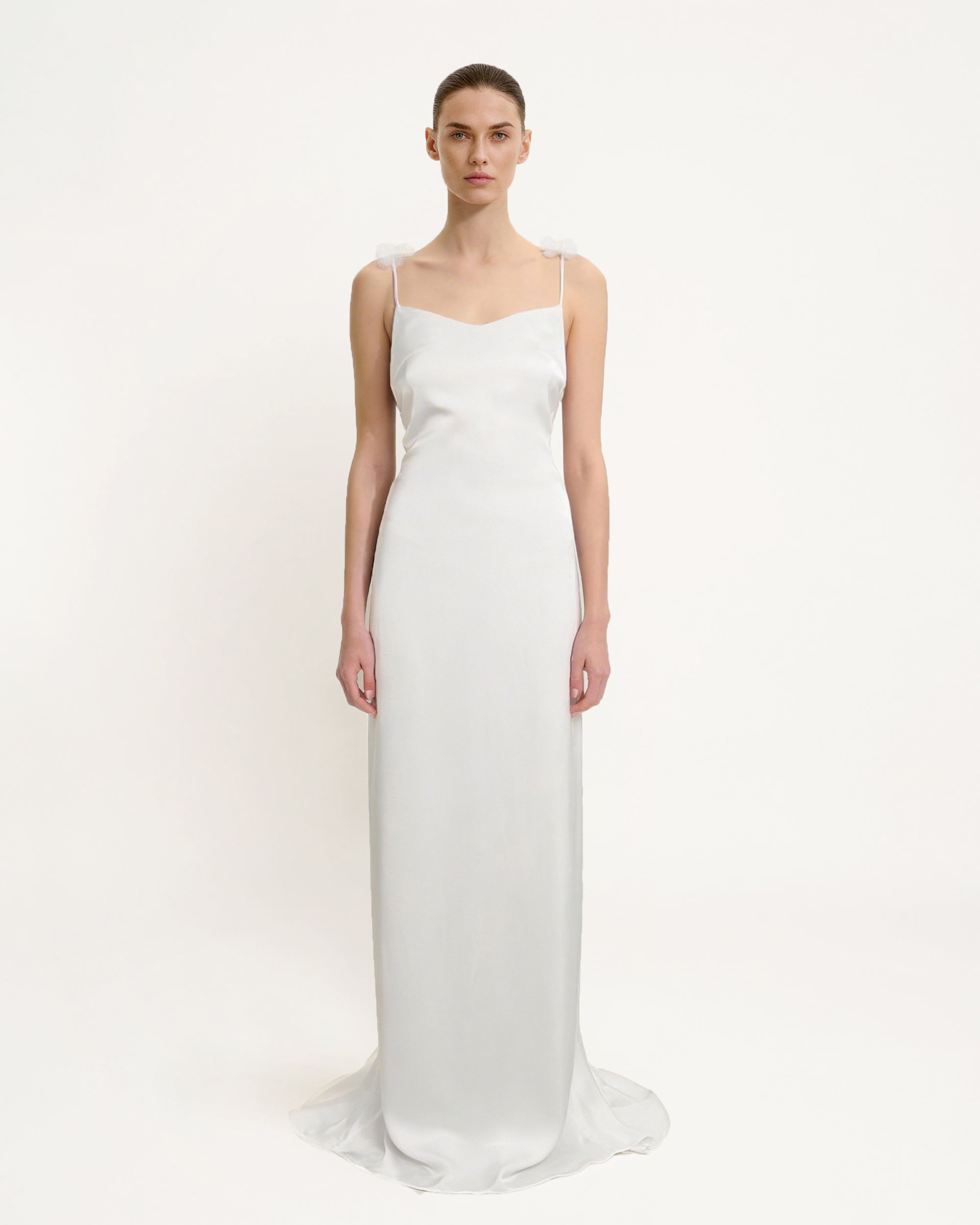 Satin Strappy Maxi Dress with Floral Streamers - White - Image 2