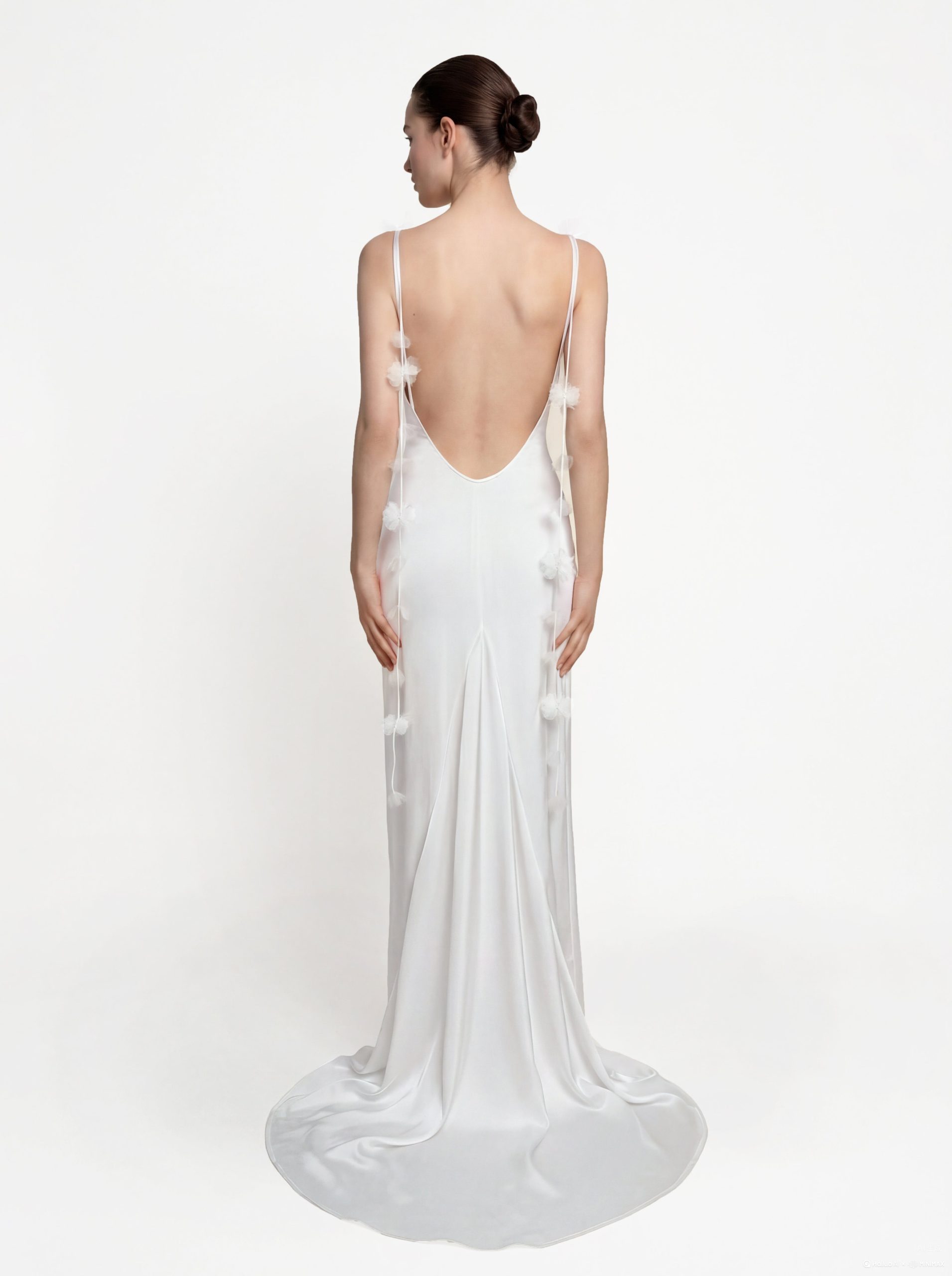 Satin Strappy Maxi Dress with Floral Streamers - White - Image 3