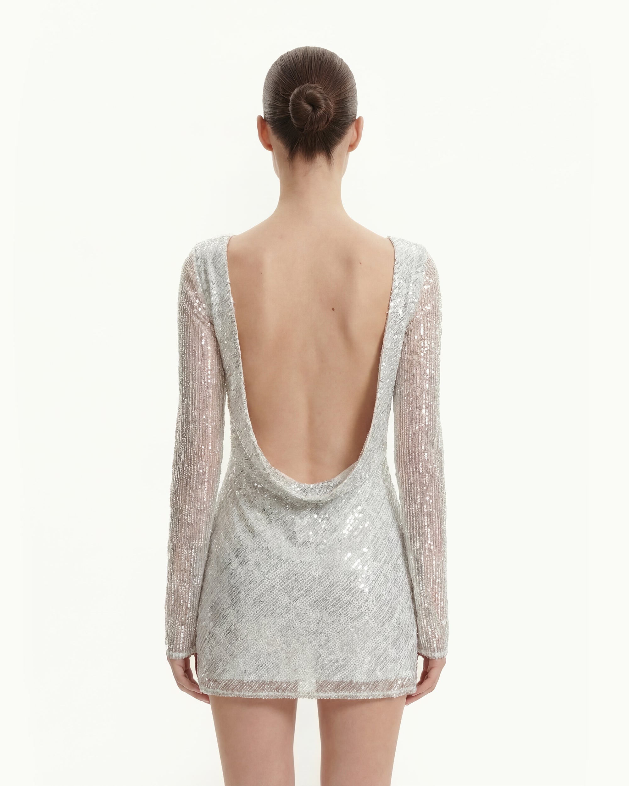 Diagonal Sequin Open-Back Long Sleeve Mini Dress - White - Image 3