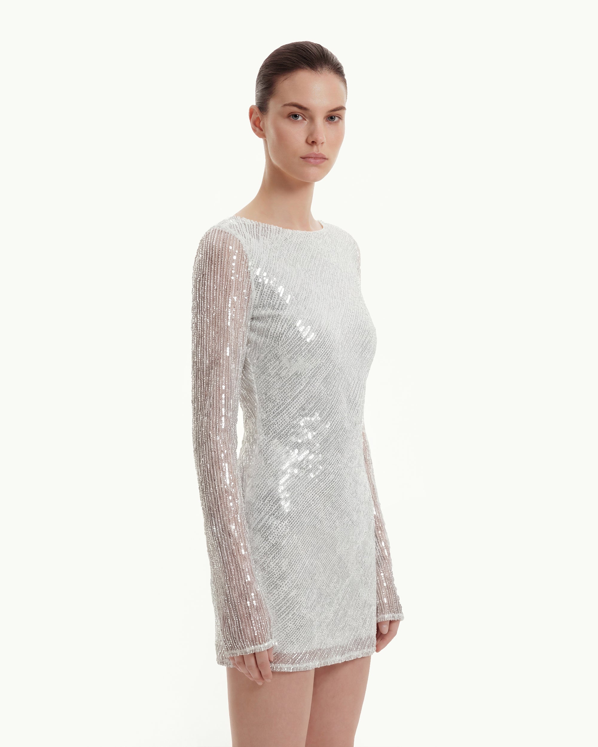 Diagonal Sequin Open-Back Long Sleeve Mini Dress - White - Image 4