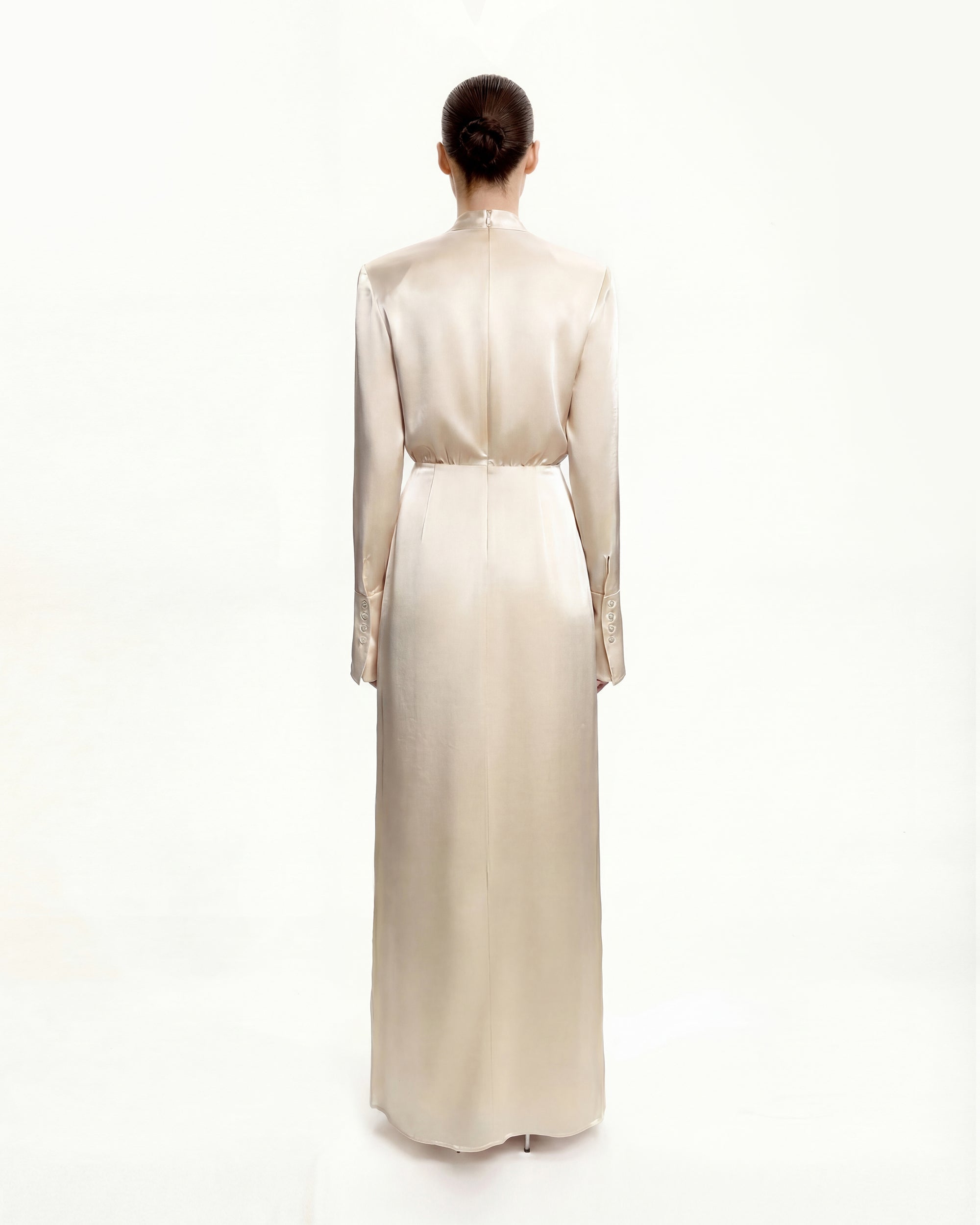 Structured Shoulder Design Satin High-Neck Fitted Maxi Dress - Cream - Image 3