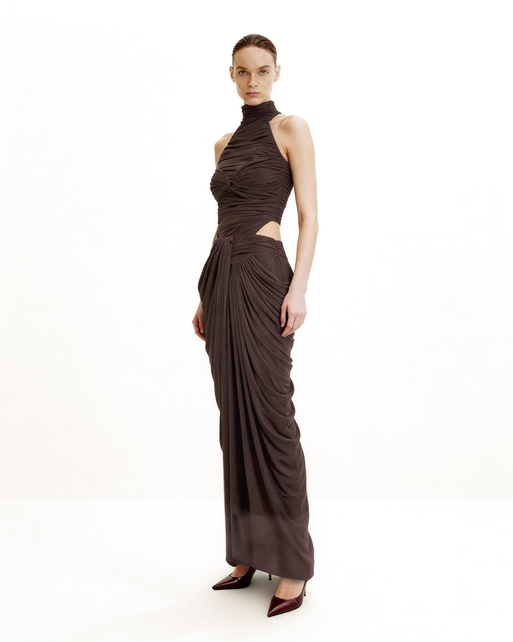 Draped Twist-Front Maxi Skirt - Brown - Image 5