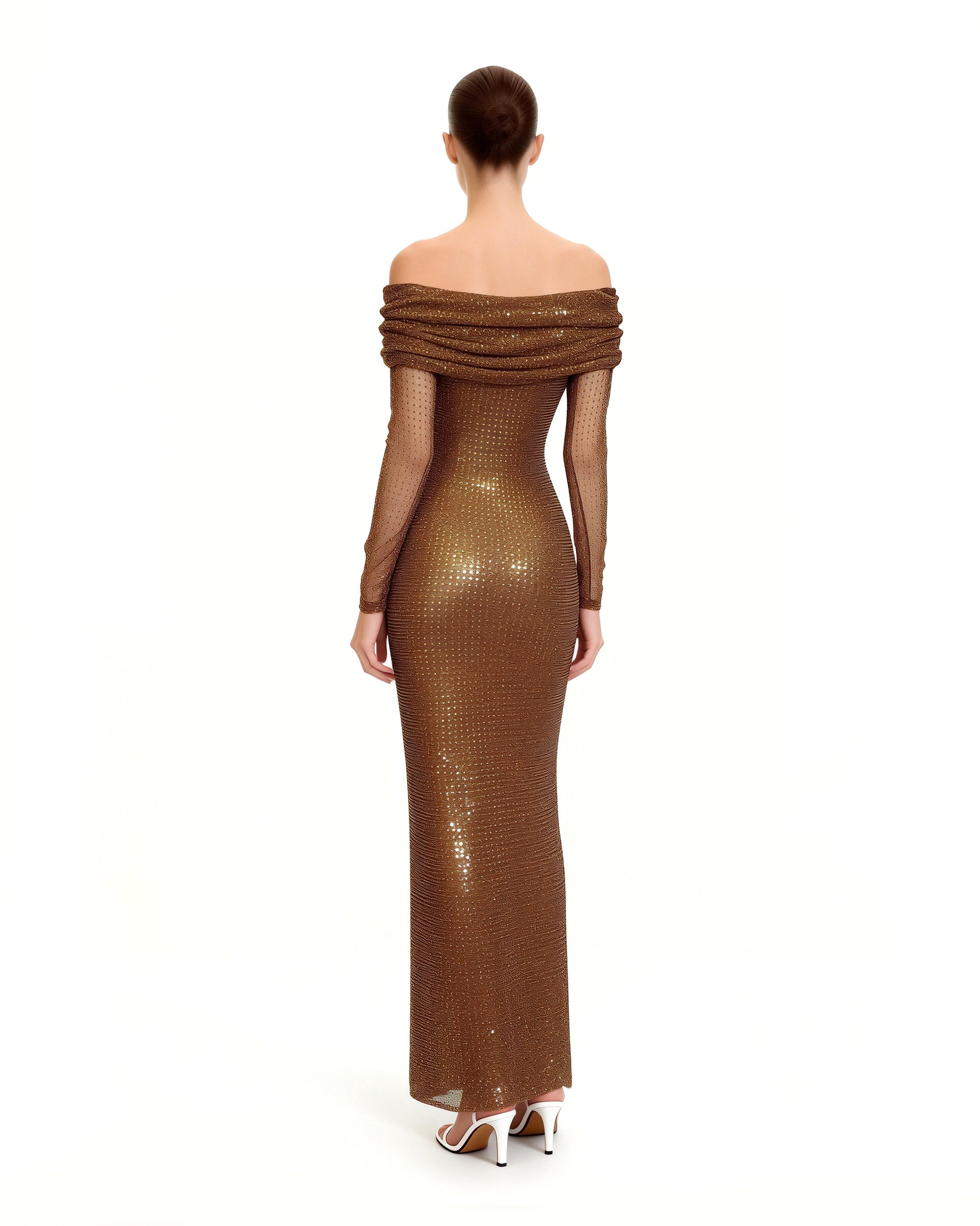 Rhinestone Mesh Off-Shoulder Maxi Dress - Brown - Image 3