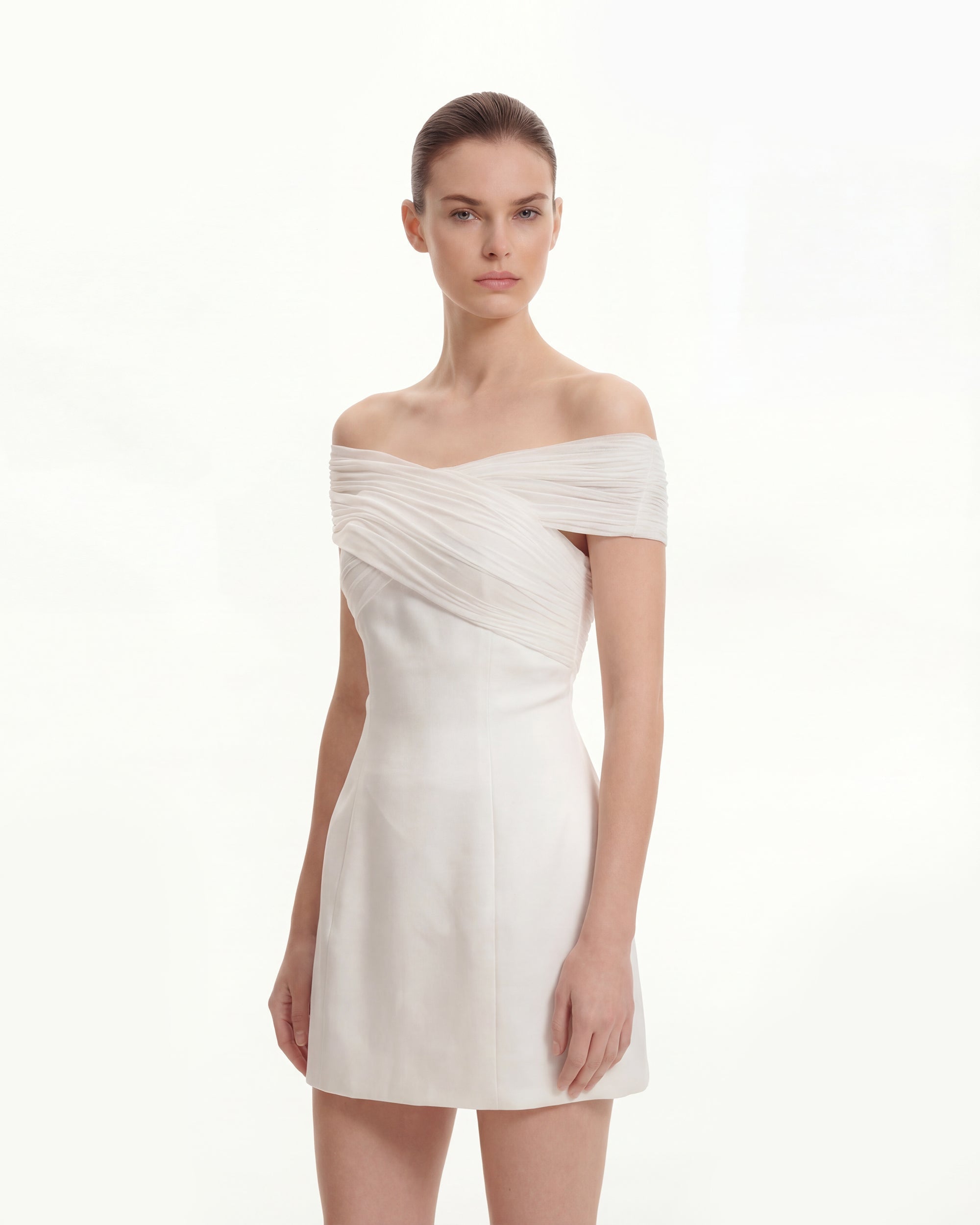 Satin Mini Dress with Tulle Cross-Halter - White - Image 5