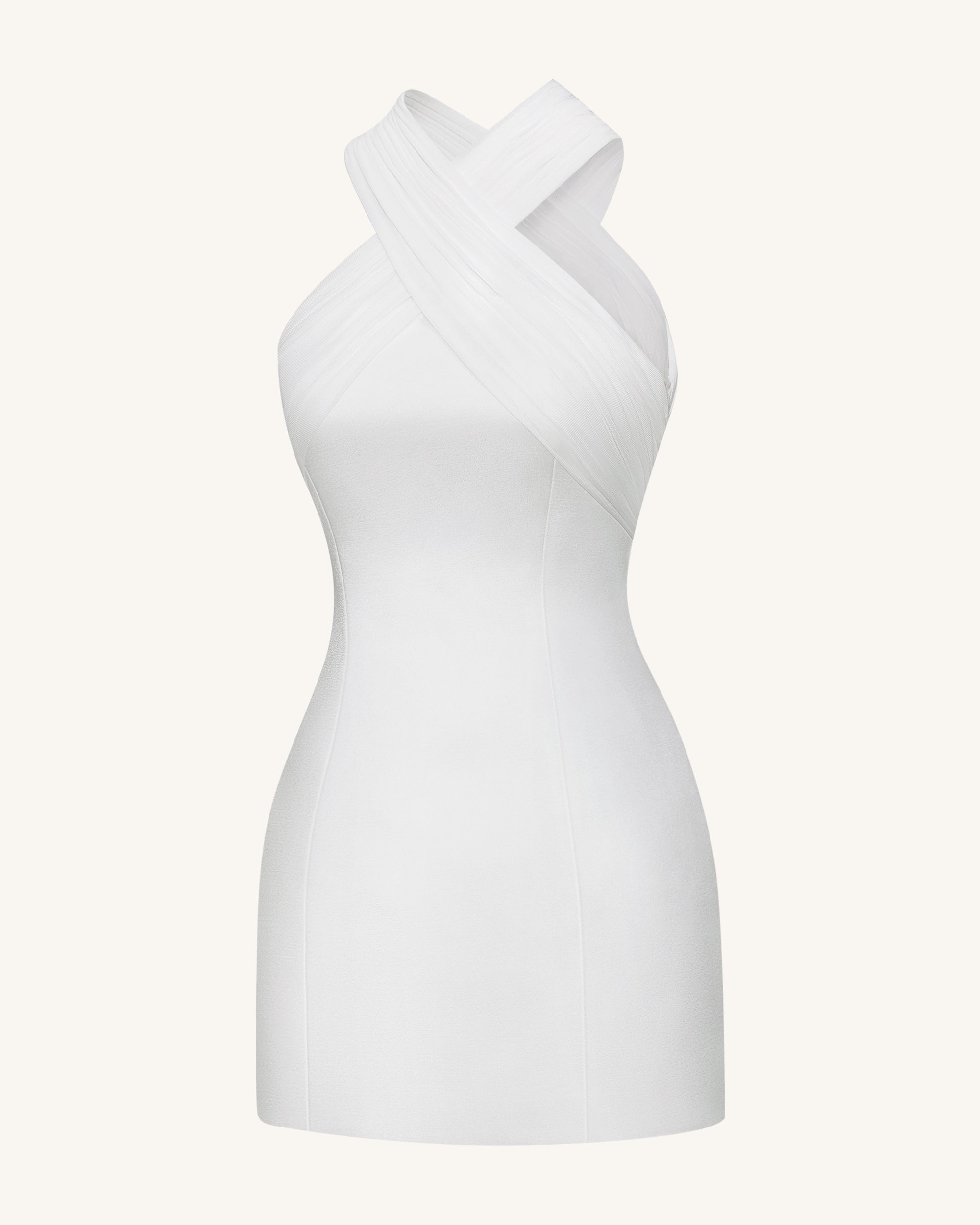Satin Mini Dress with Tulle Cross-Halter - White - Image 7