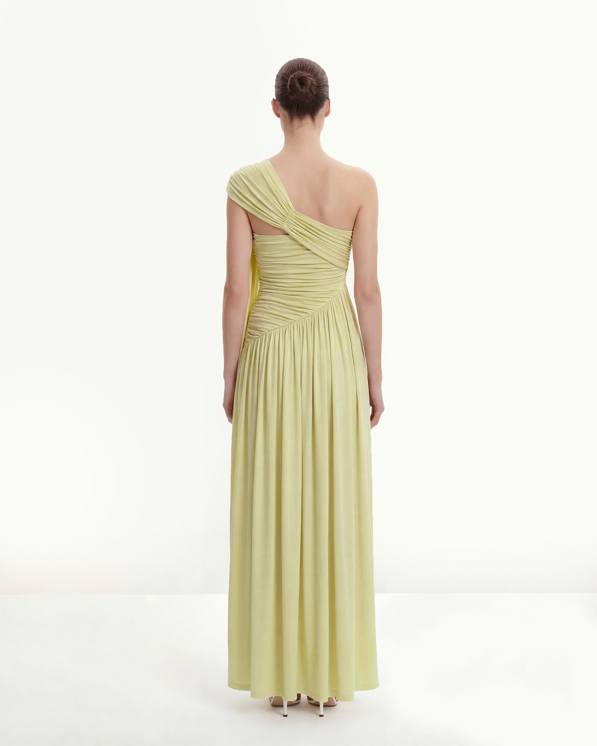 Ruched One-Shoulder Maxi Dress with Trailing Sash - Green - Image 3