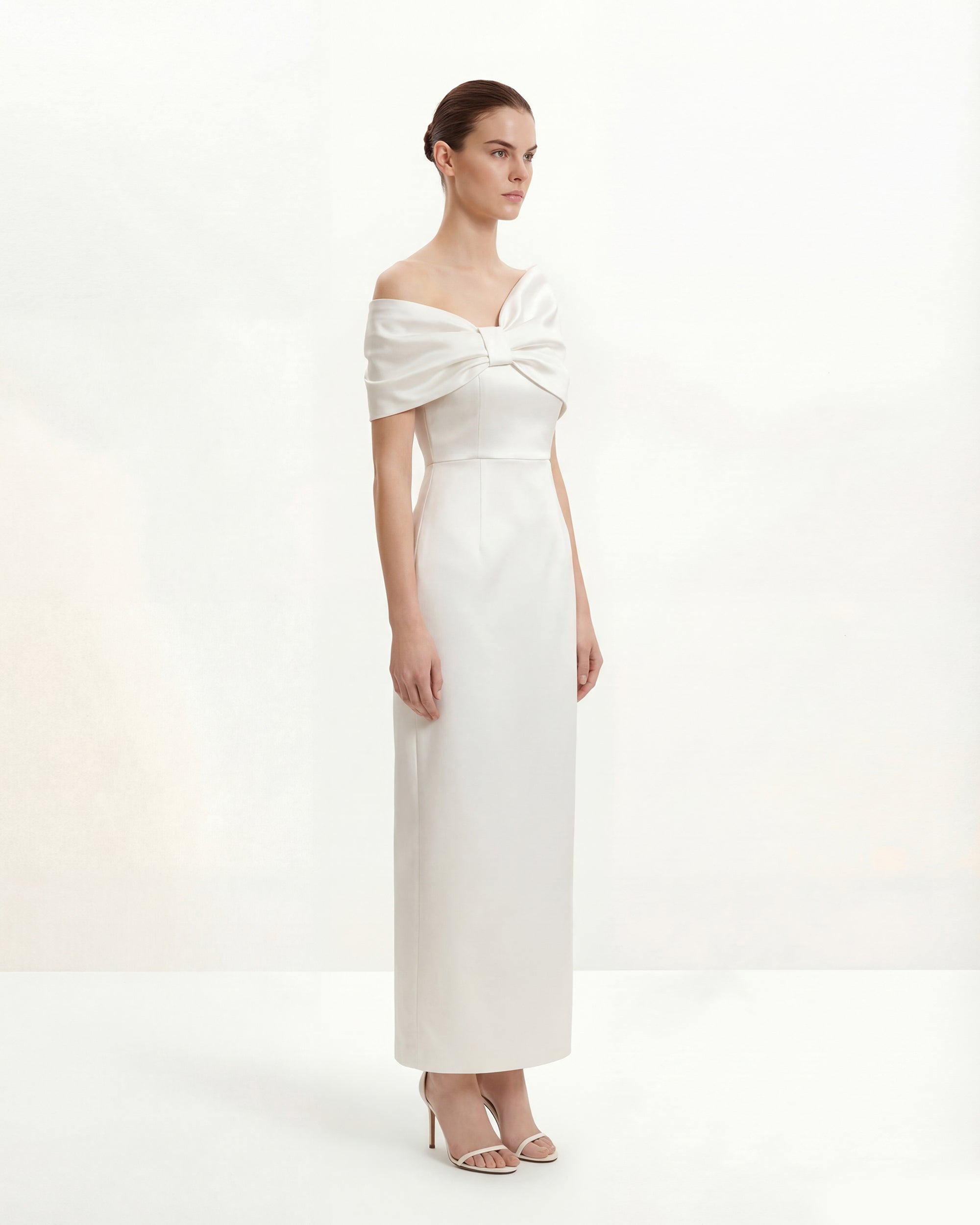 Satin Asymmetric Bow Maxi Dress - White - Image 2