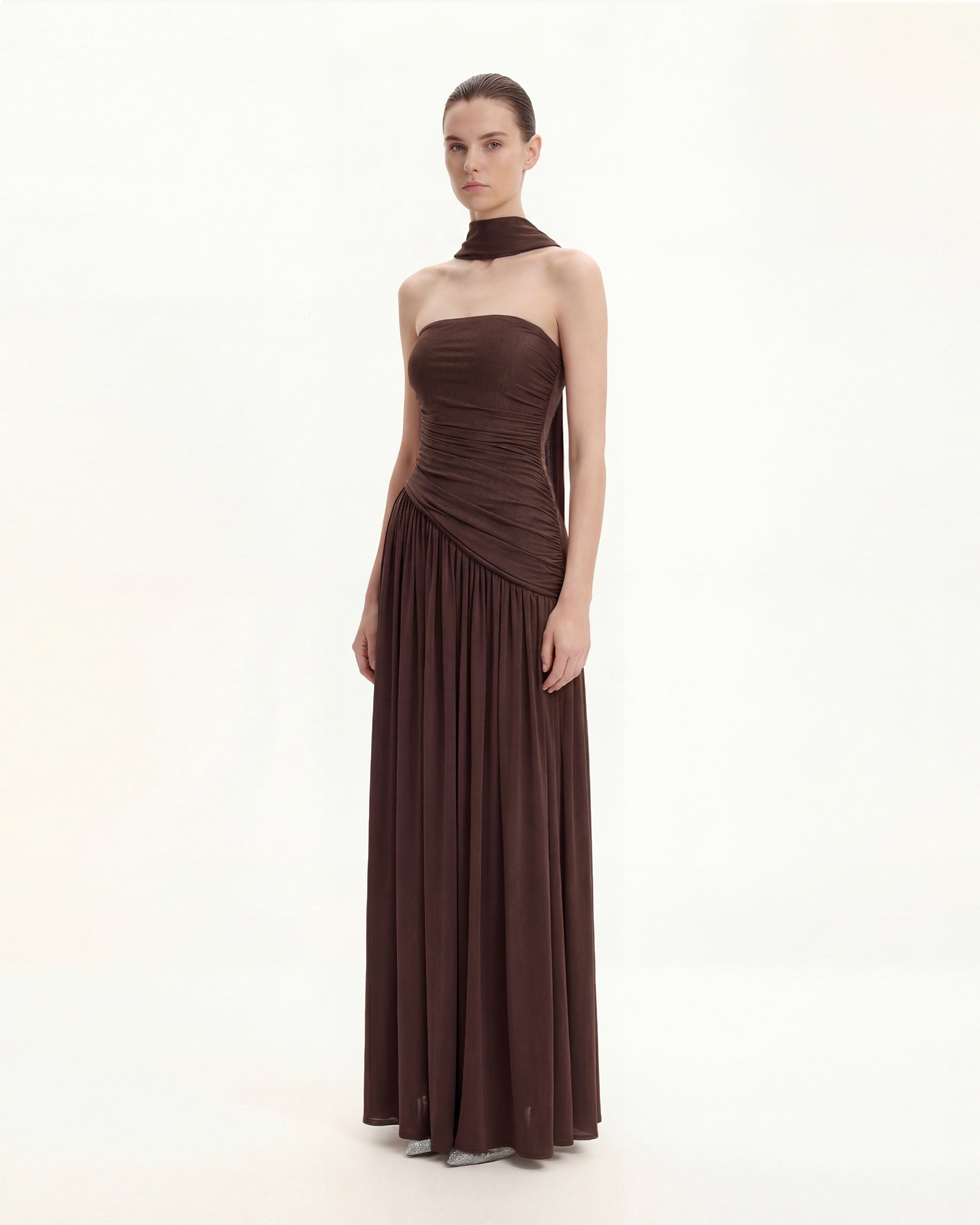 Ruched Panel Strapless Maxi Dress - Brown - Image 2