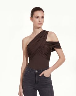 Alternative view of Ruched Asymmetric One-Shoulder Top - Brown