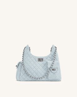 Vivian Faux Suede Quilted Shoulder Bag - Light Blue