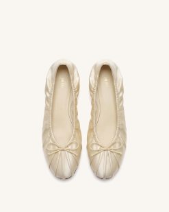 Alternative view of Solenne Ruched Drawstring Satin Ballet Flats - Beige