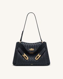 Rhea Woven Texture Double Buckle Shoulder Bag - Navy Blue