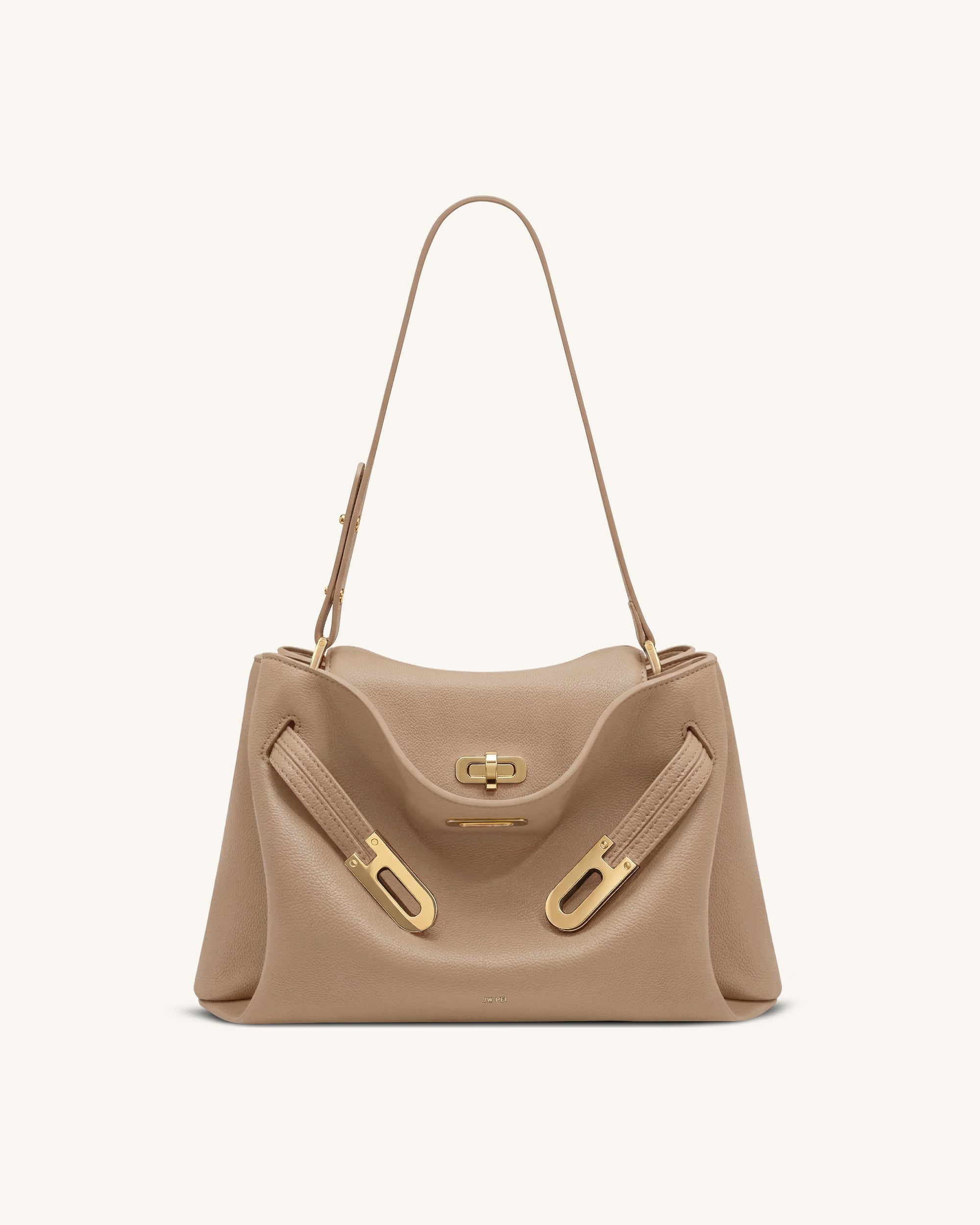 Rhea Pebbled Double Buckle Shoulder Bag - Khaki