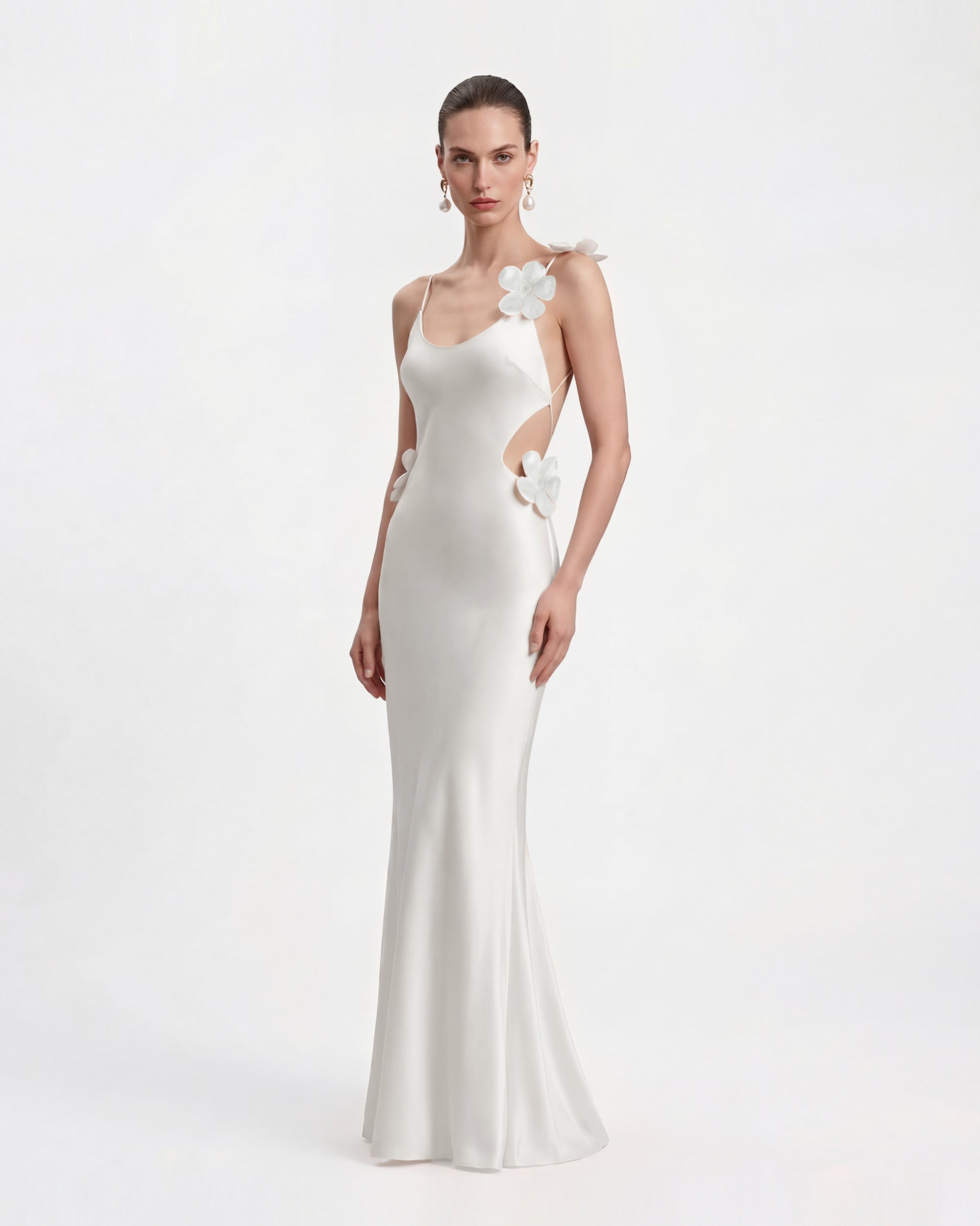 3D Floral Appliqué Satin Dress - White - Image 2