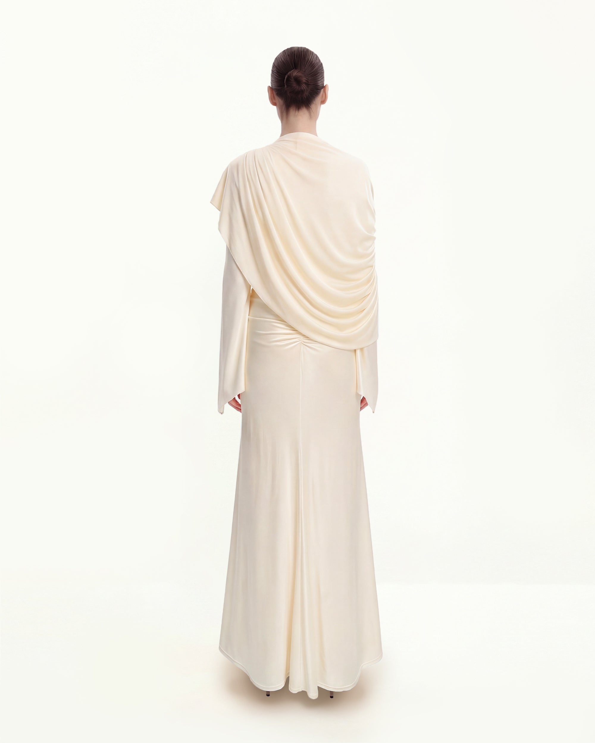 Sheer Shawl Ruched Bodycon Maxi Gown - Cream - Image 2