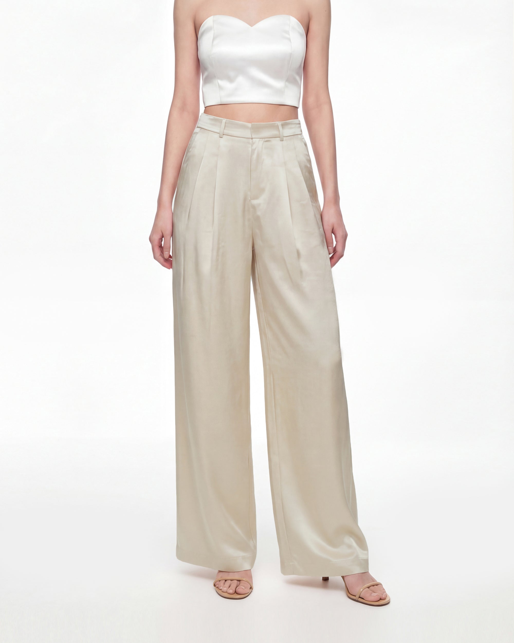 Satin Wide-Leg Trousers - Cream - Image 2