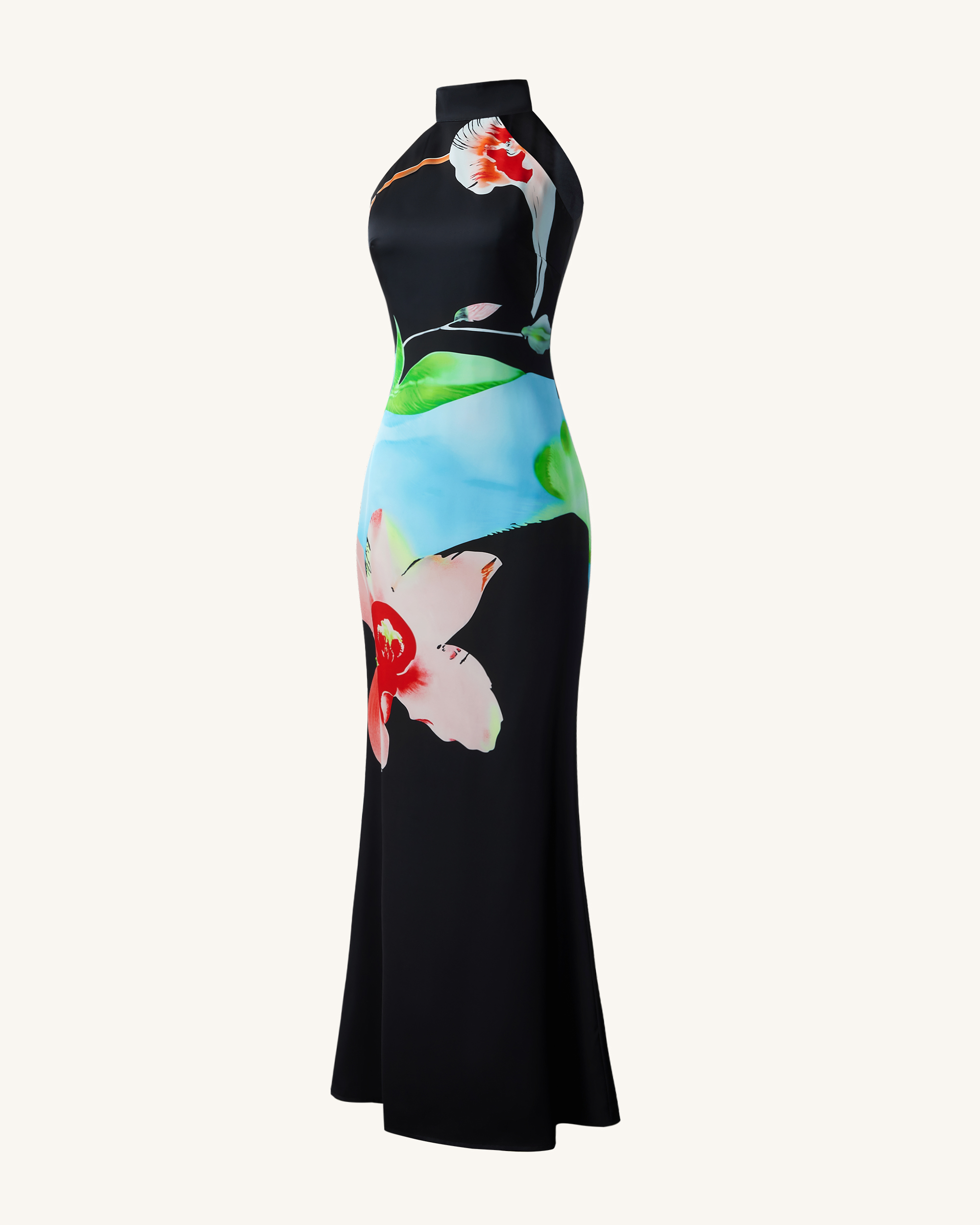 Floral Satin Halter Dress - Multicolor Black - Image 3