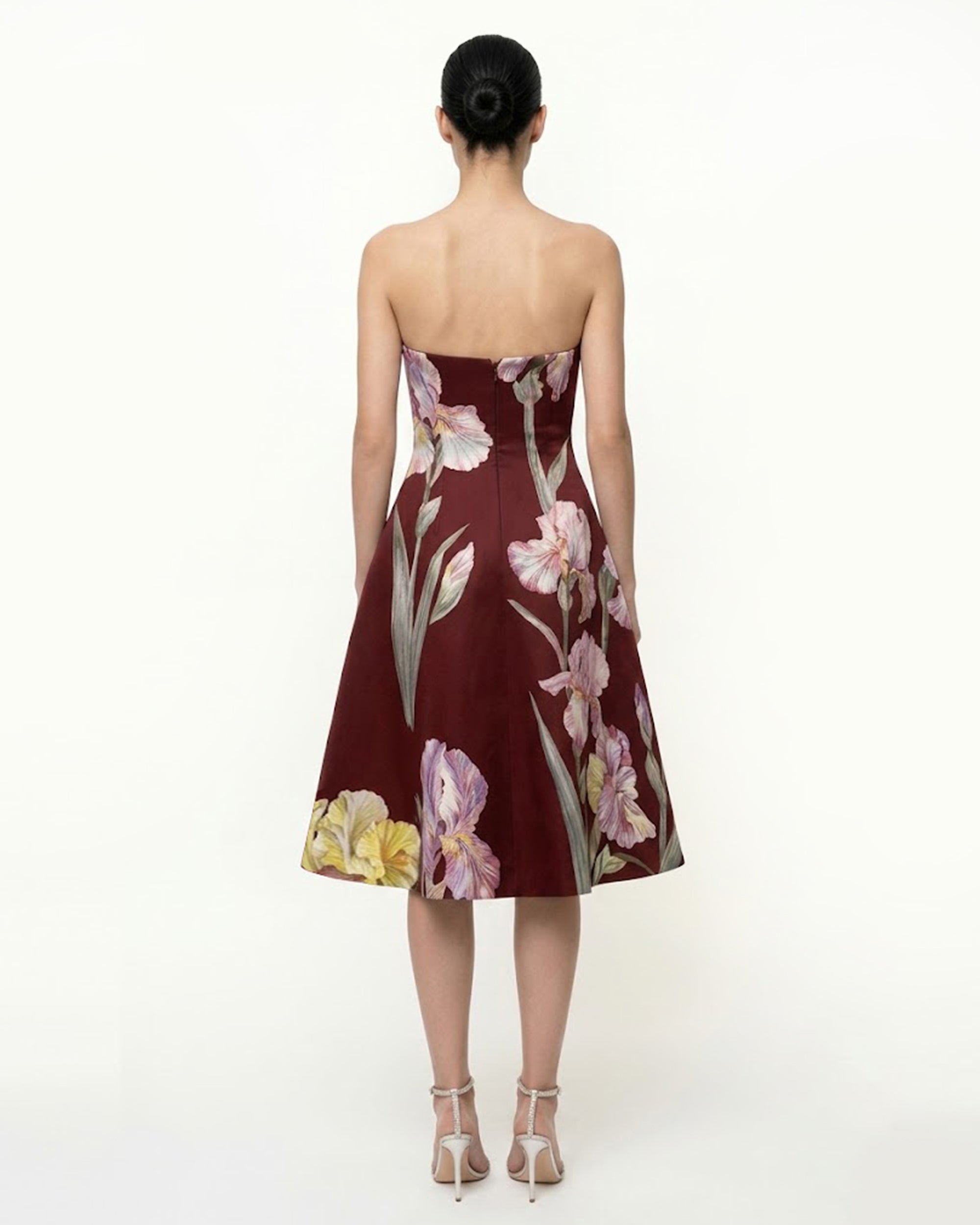 Iris Floral Print Strapless A-Line Dress - Burgundy - Image 2