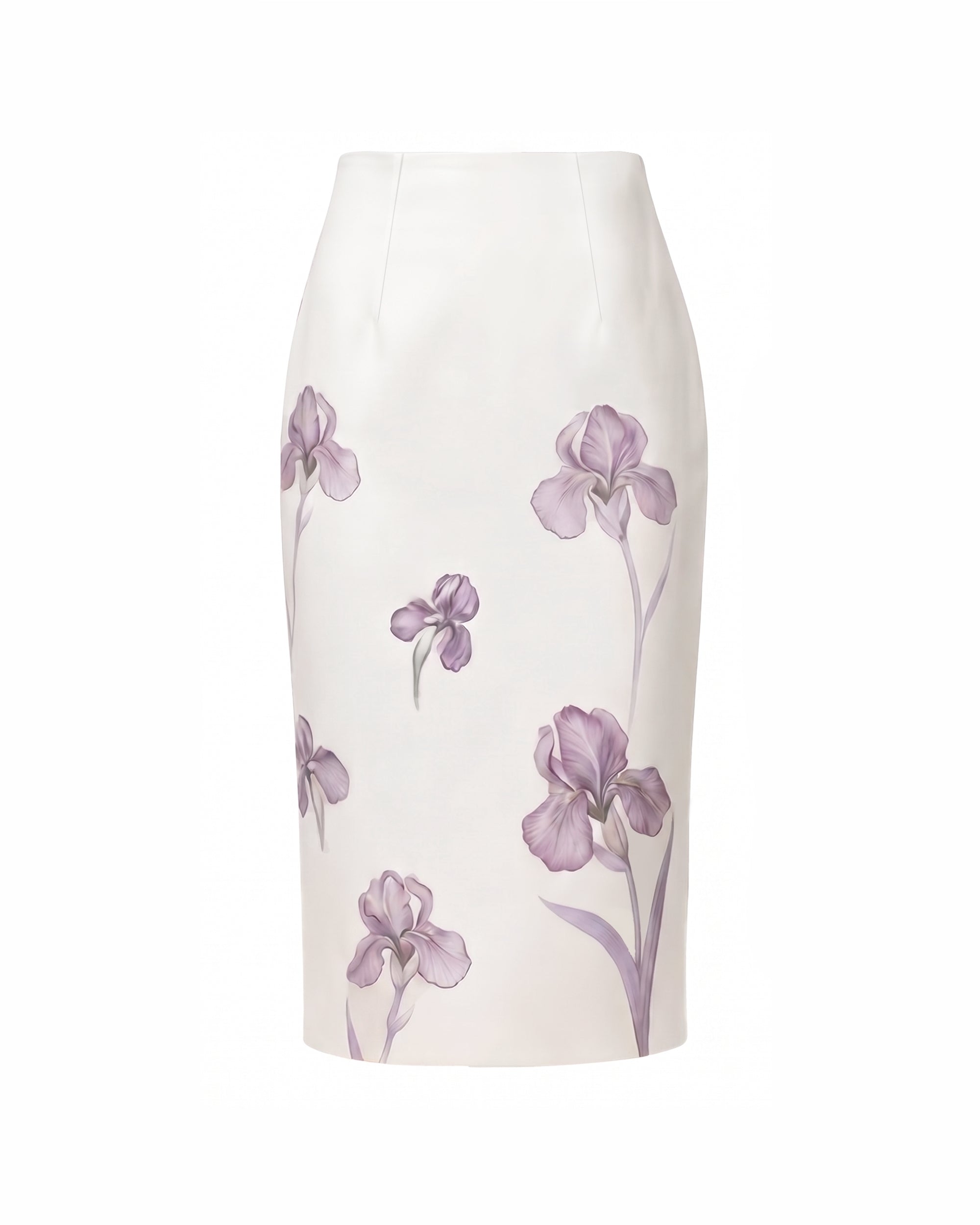 Iris Print High-Waisted Pencil Midi Skirt - White/Purple - Image 2