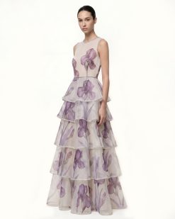 Jeweled-Trim Tiered Iris Print Organza Maxi Dress - White/Purple