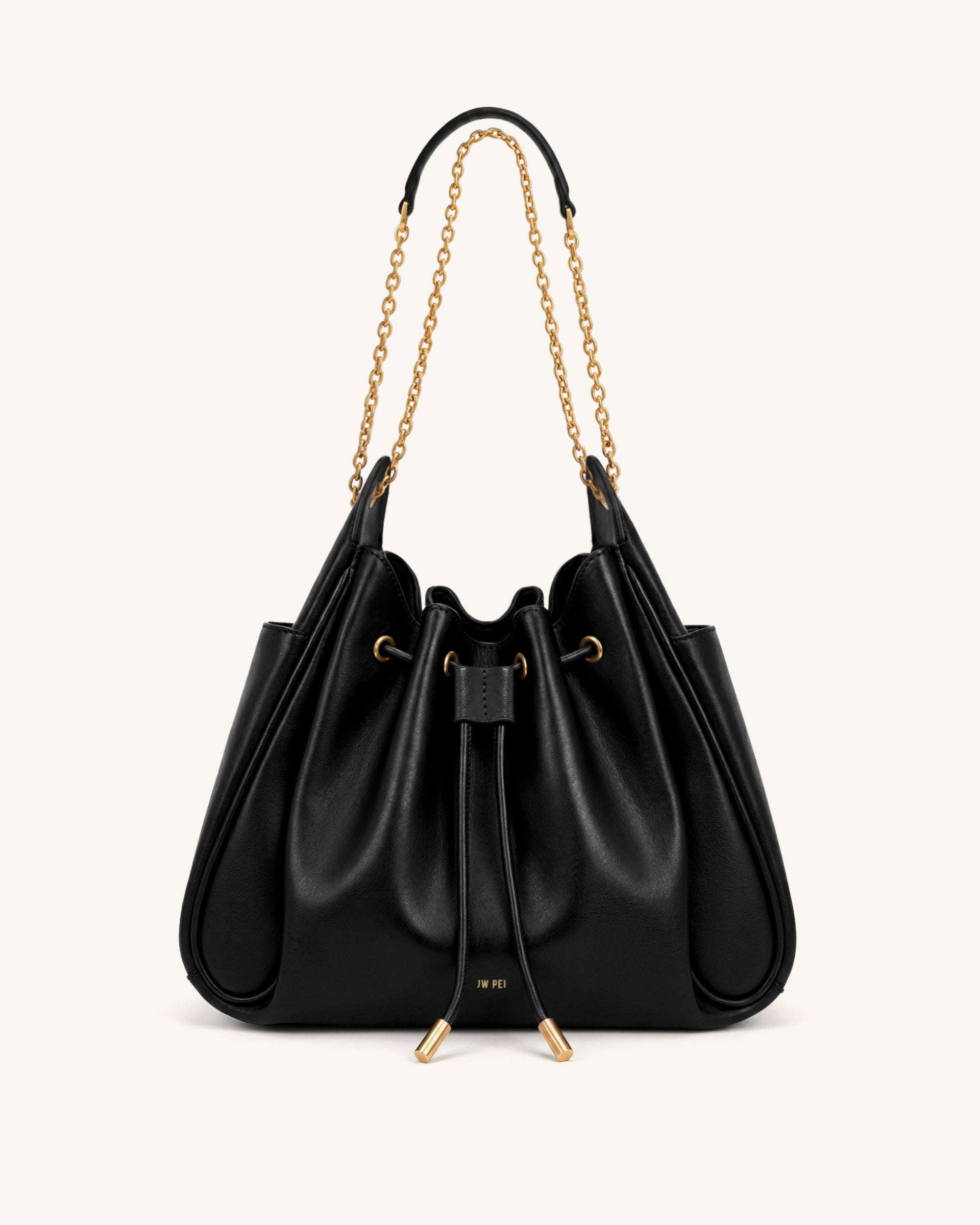 Rowan Ruched Drawstring Chain Bucket Bag - Black