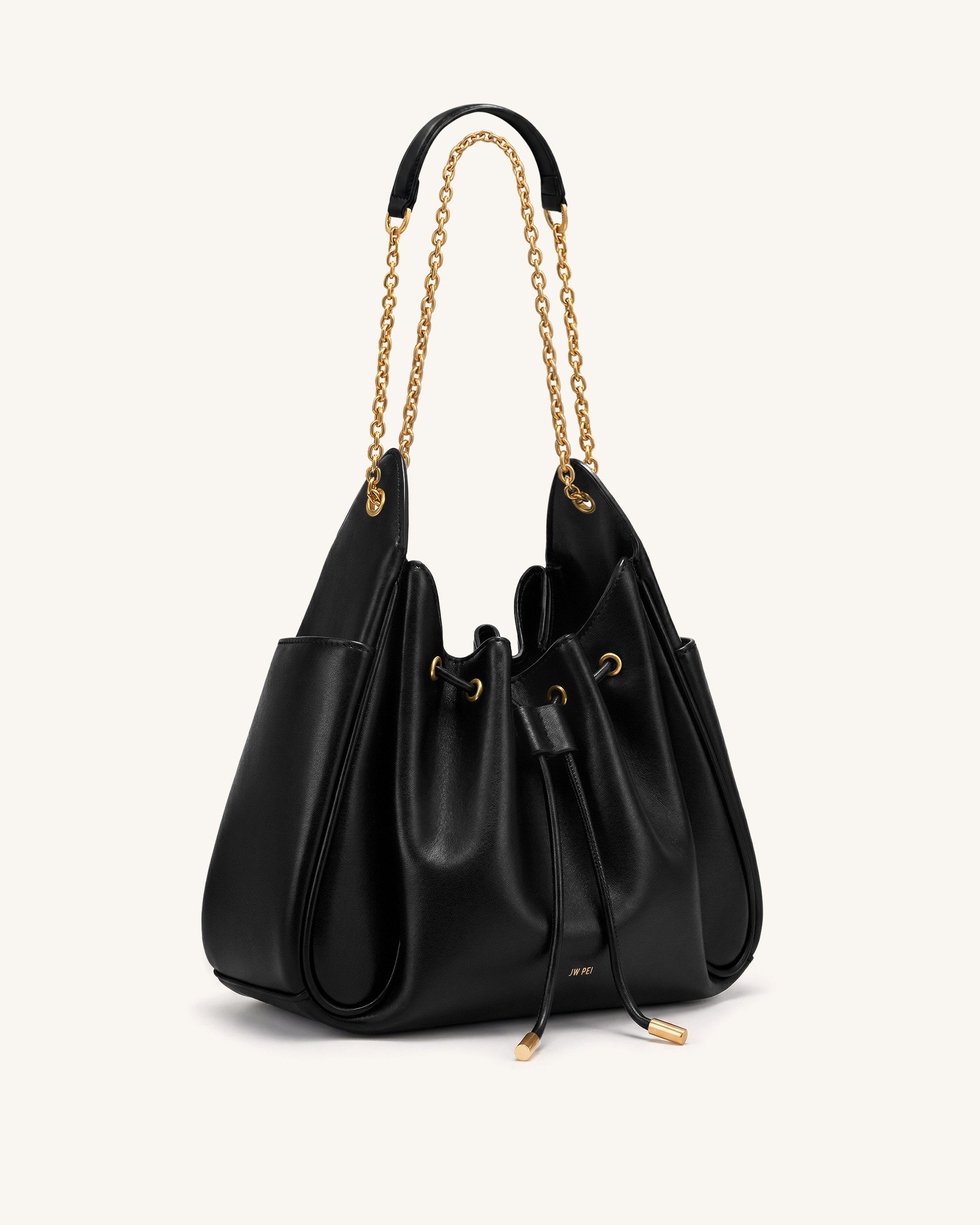 Rowan Ruched Drawstring Chain Bucket Bag - Black - Image 2