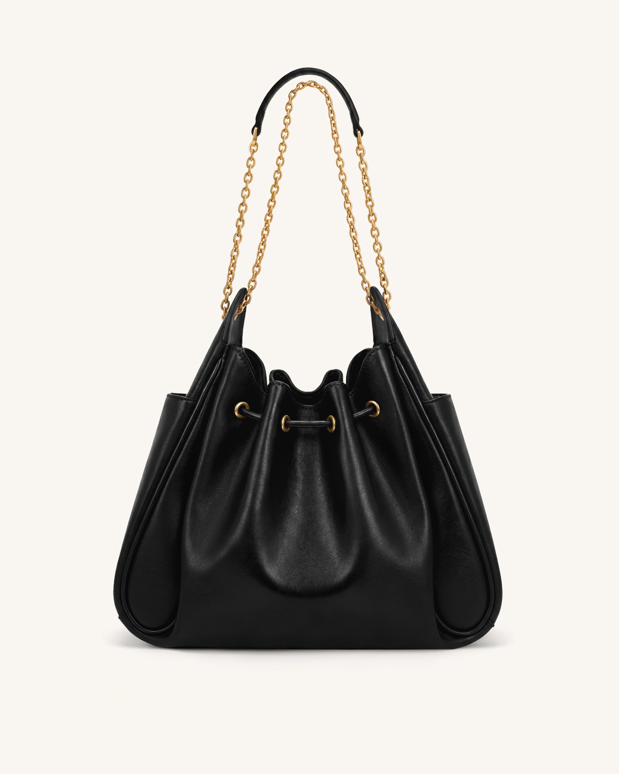 Rowan Ruched Drawstring Chain Bucket Bag - Black - Image 3