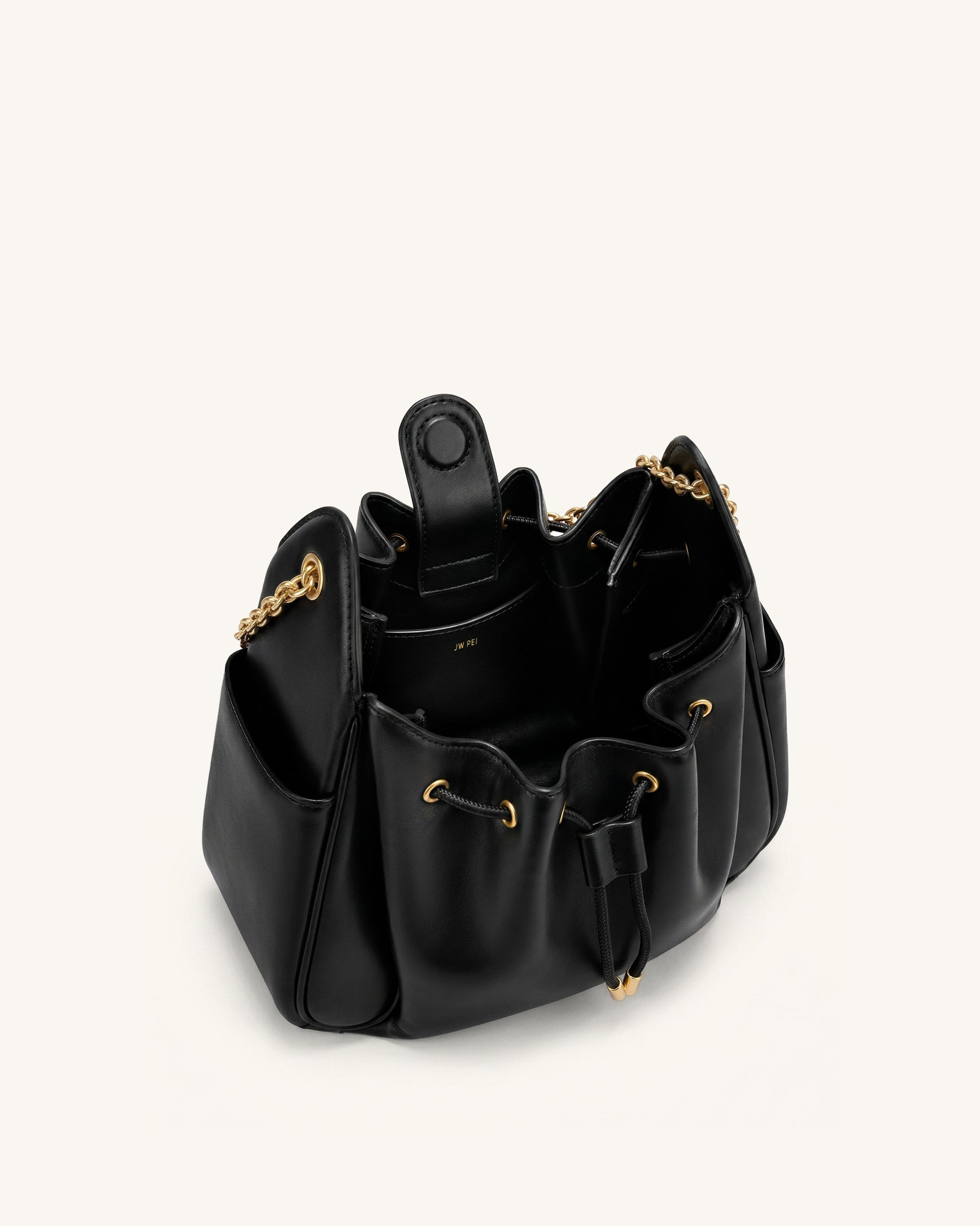 Rowan Ruched Drawstring Chain Bucket Bag - Black - Image 4