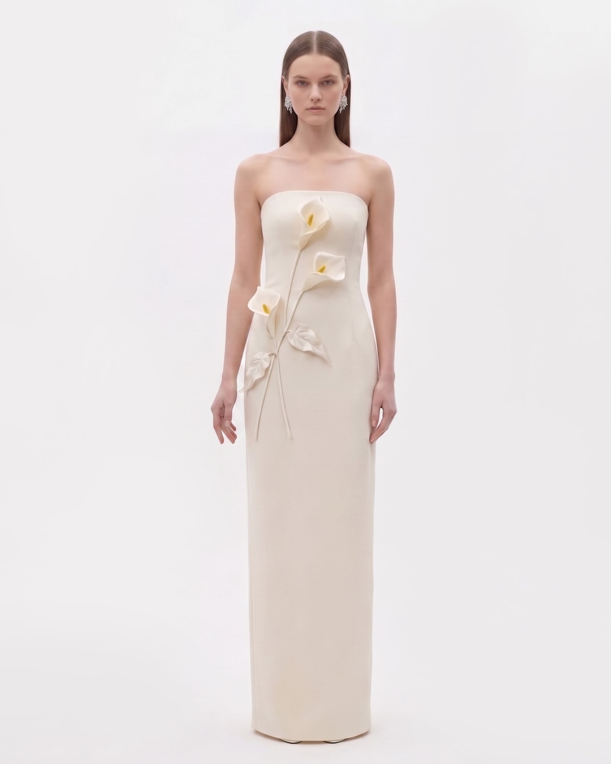 Floral Appliqué Strapless Dress - Cream Ivory