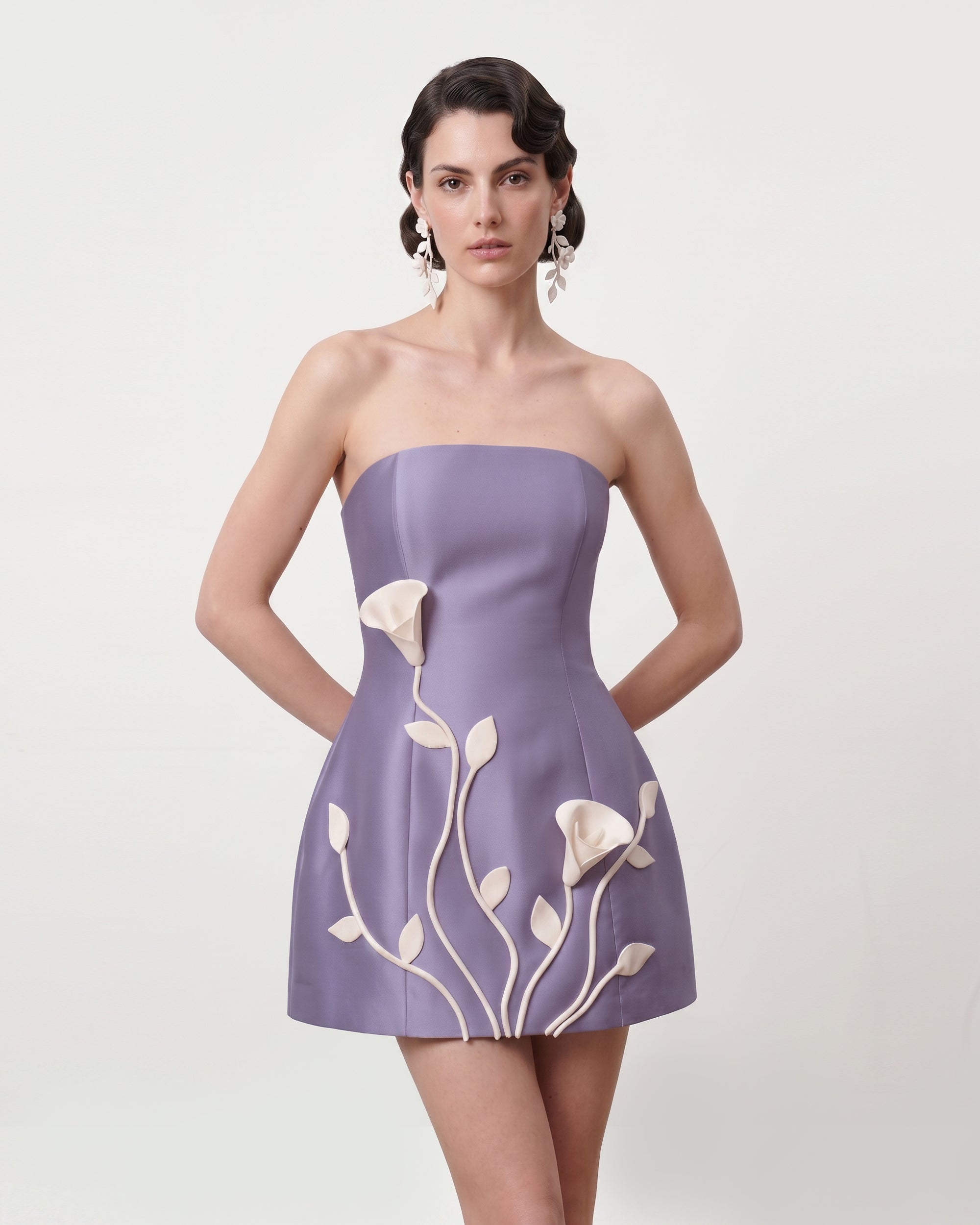 3D Vine Floral Strapless Mini Dress - Purple