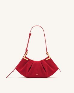 Amelia Faux Suede Pleated Shoulder Bag - Red